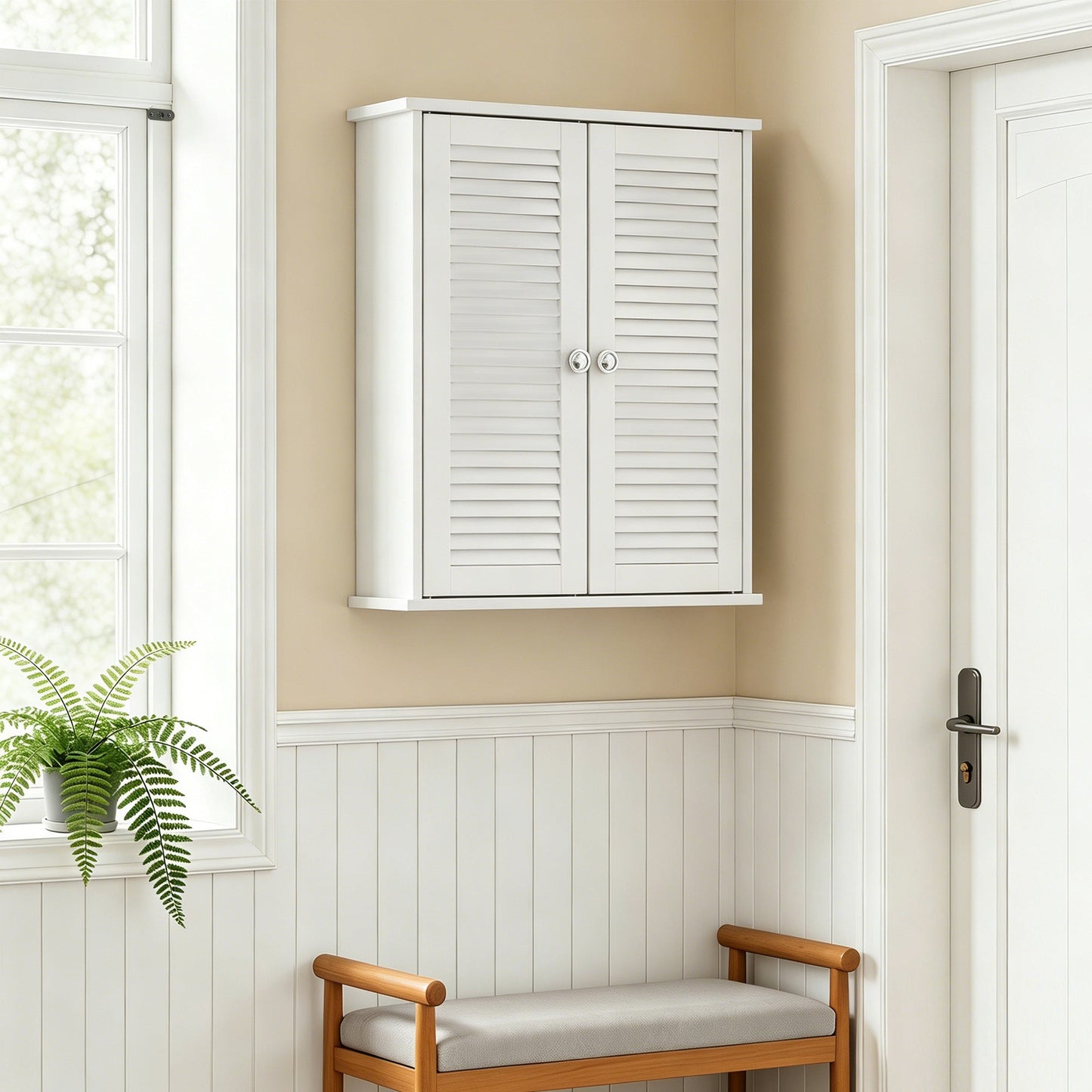 Bathroom Wall Cabinet, Wall-Mounted Over-The-Toilet Space Saver with Louvered Doors and Adjustable Shelf Storage for Kitchen, Living Room, White