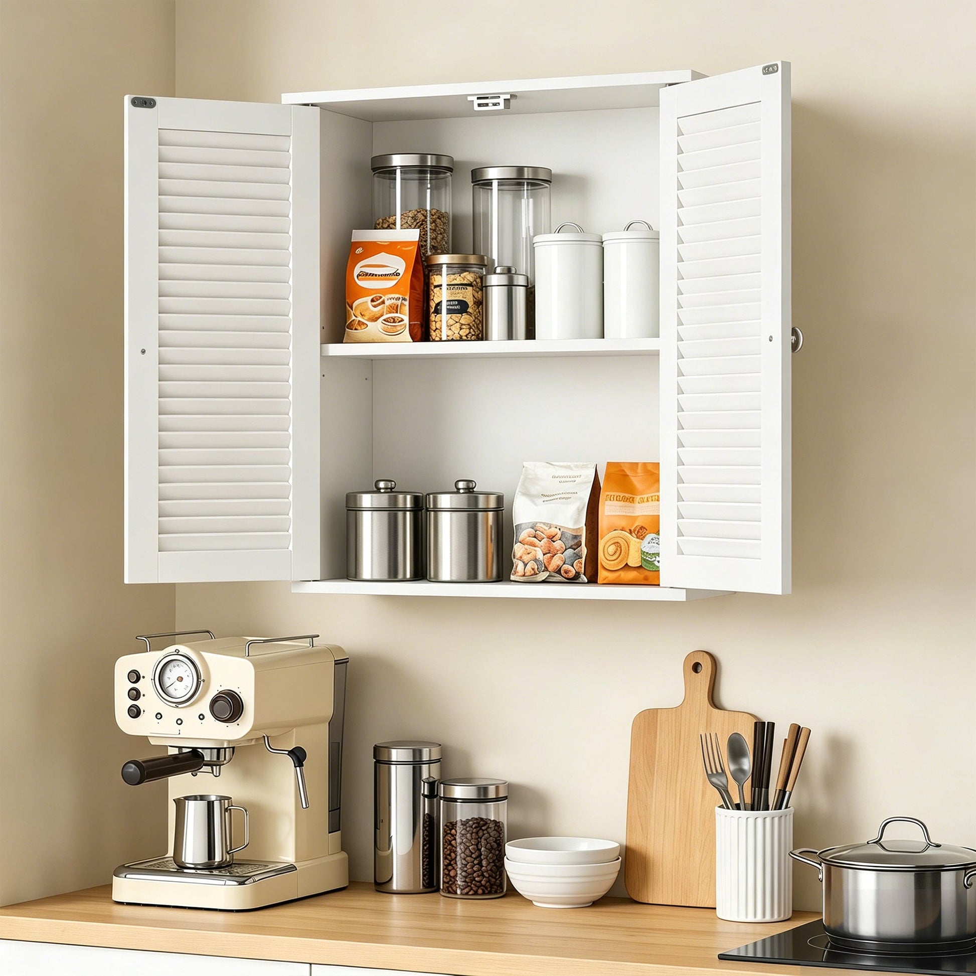 Bathroom Wall Cabinet, Wall-Mounted Over-The-Toilet Space Saver with Louvered Doors and Adjustable Shelf Storage for Kitchen, Living Room, White