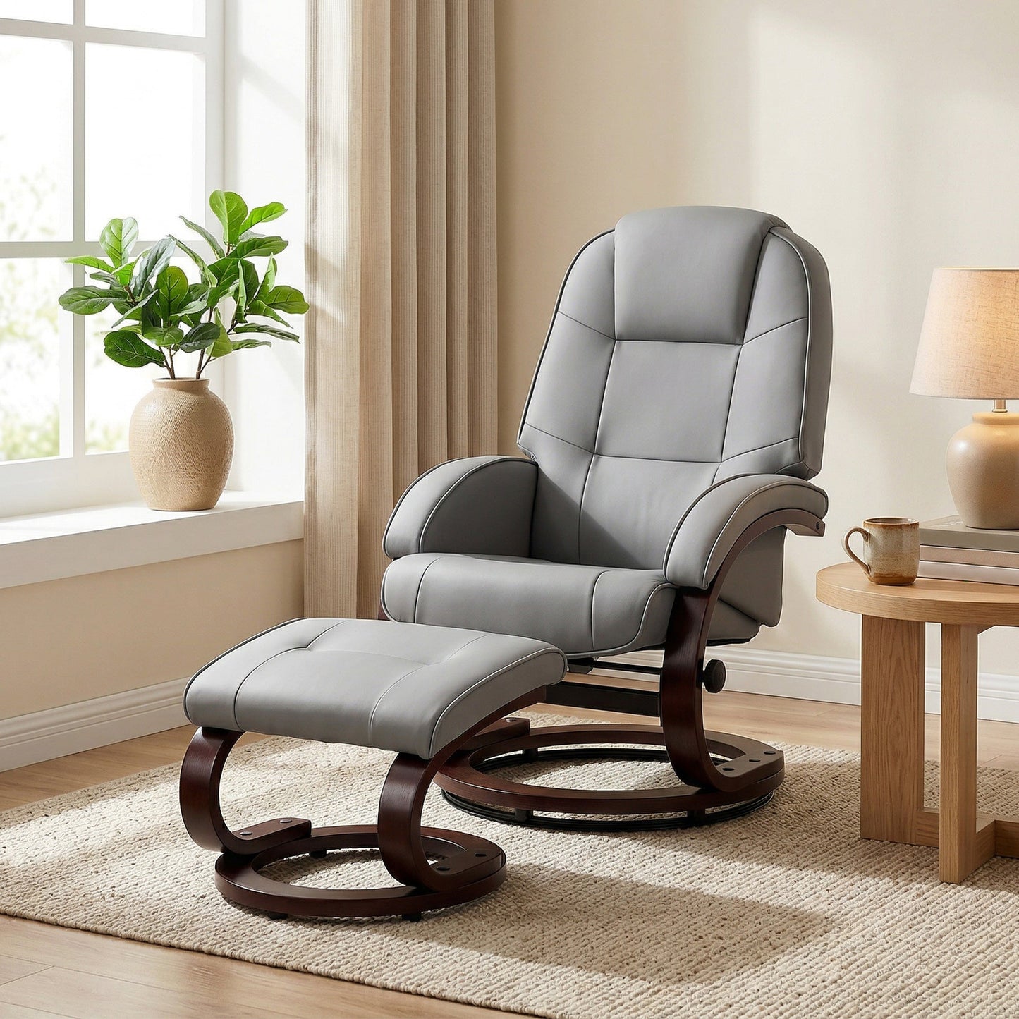 Swivel Recliner Chair with Footstool, PU Leather Recliner Armchair with High Back and Wood Frame, Reclining Chair Lounge with Padded Armrests for Living Room, Grey