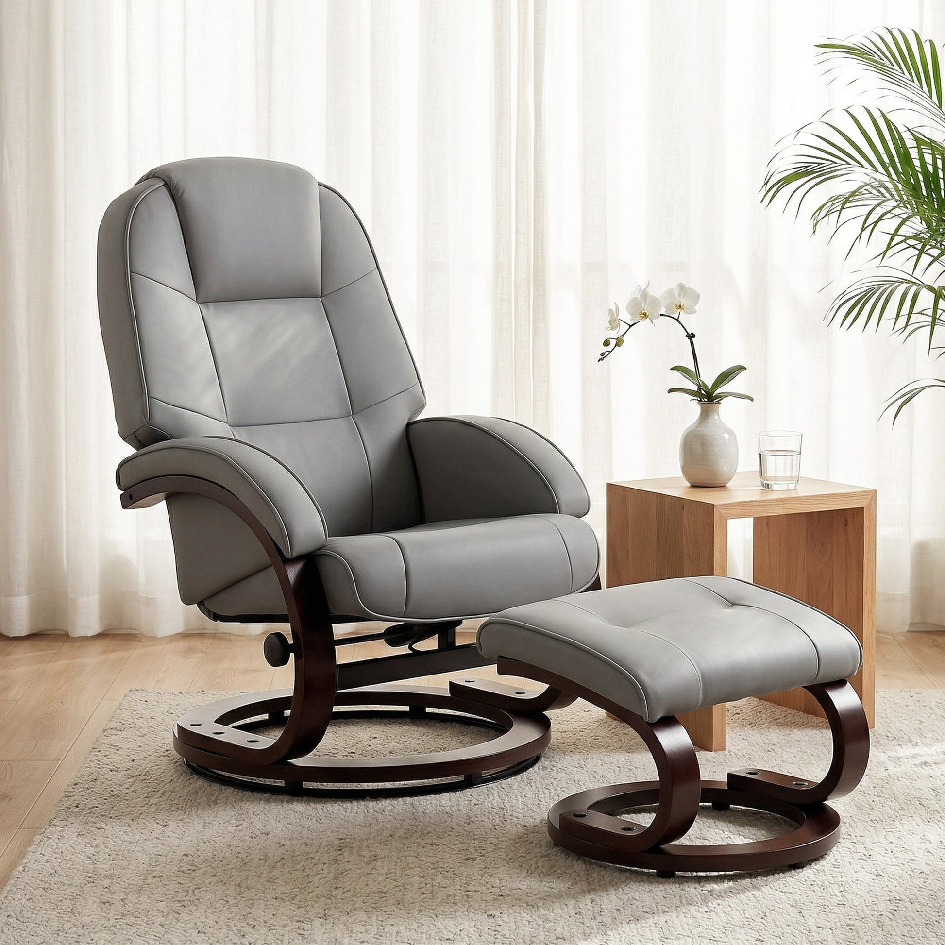 Swivel Recliner Chair with Footstool, PU Leather Recliner Armchair with High Back and Wood Frame, Reclining Chair Lounge with Padded Armrests for Living Room, Grey