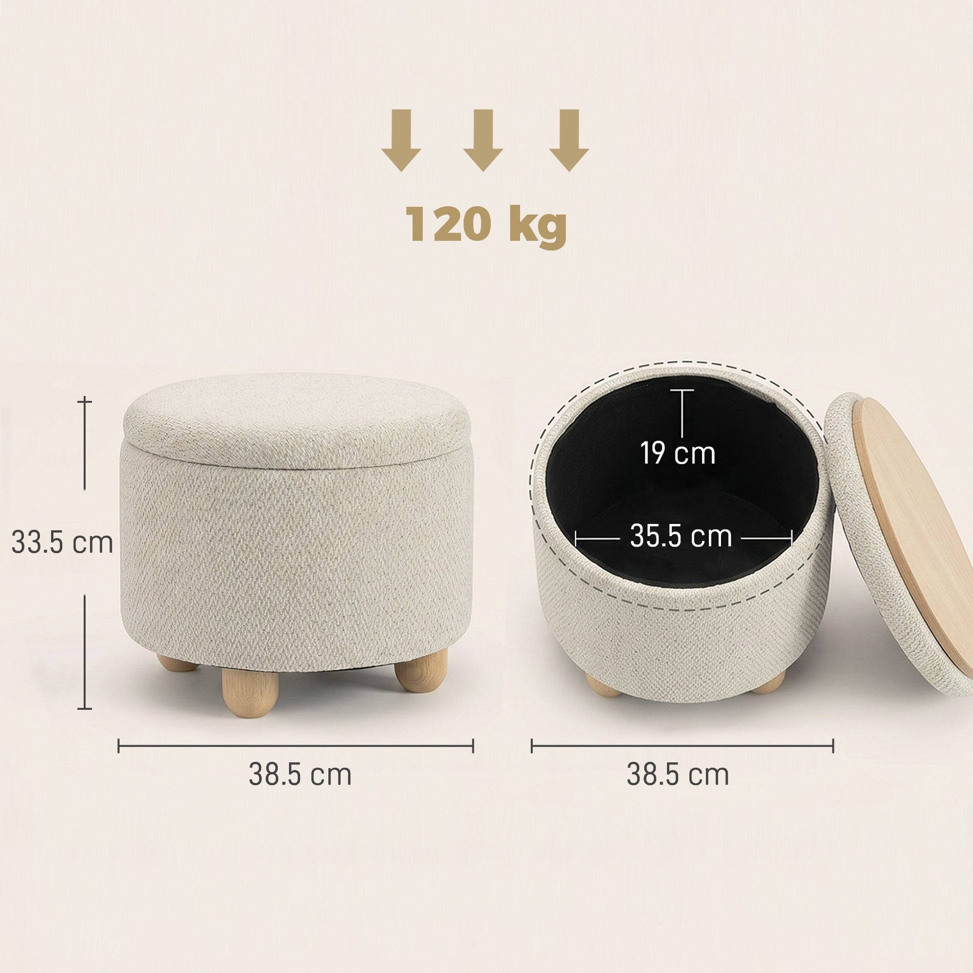 Storage Ottoman, Burlap Fabric Round Small Ottoman Foot Rest with Lid, Rubberwood Legs, End of Bed Bench Footstool for Bedroom, Hallway, Living Room, 38.5 x 38.5 cm, Beige