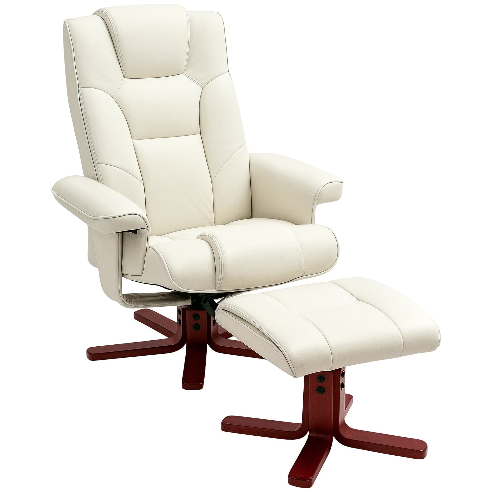 Recliner Chair with Footstool, PU Leather Rocker Recliner Armchair with High Back, Wooden Base, Reclining Chair for Living Room, Bedroom, Cream White