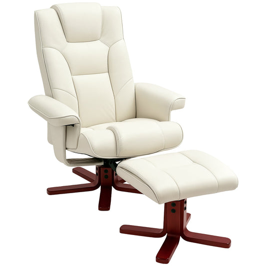 Recliner Chair with Footstool, PU Leather Rocker Recliner Armchair with High Back, Wooden Base, Reclining Chair for Living Room, Bedroom, Cream White