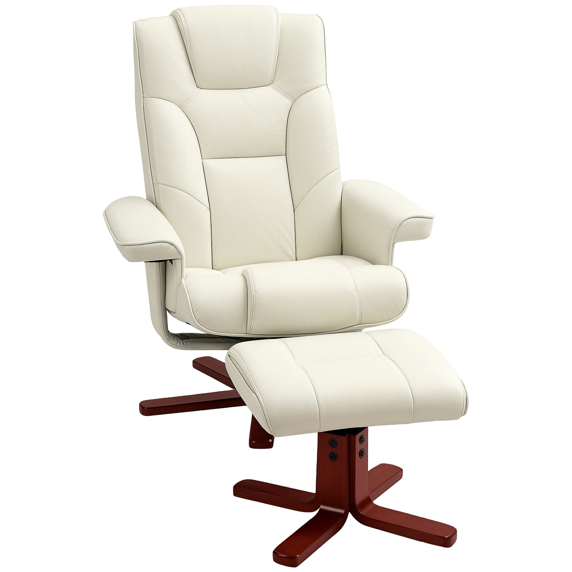 Recliner Chair with Footstool, PU Leather Rocker Recliner Armchair with High Back, Wooden Base, Reclining Chair for Living Room, Bedroom, Cream White