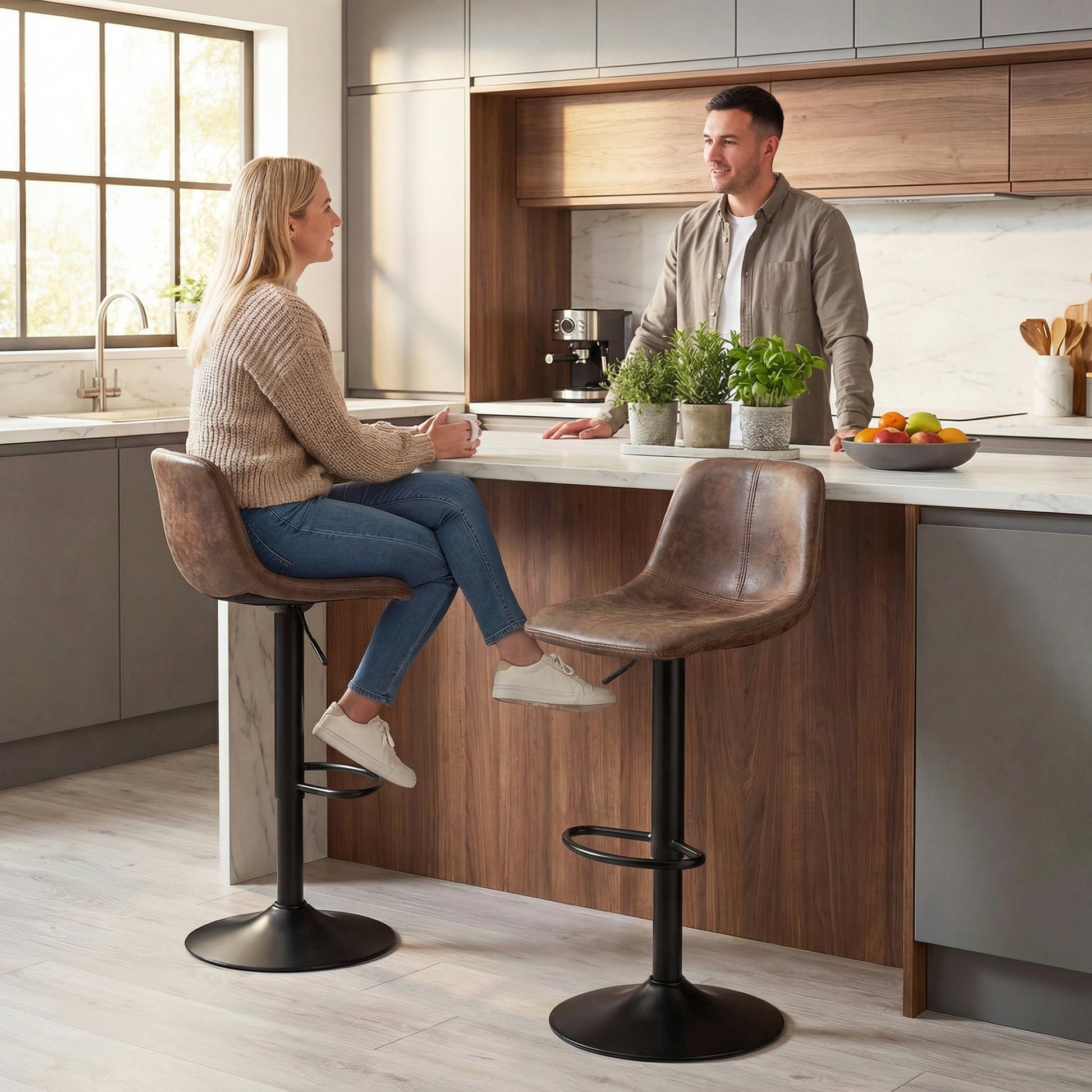 Bar Stools Set of 2, Modern Swivel Barstools, Height Adjustable Breakfast Bar Chairs with Footrest for Kitchen Island and Dining Room, Brown