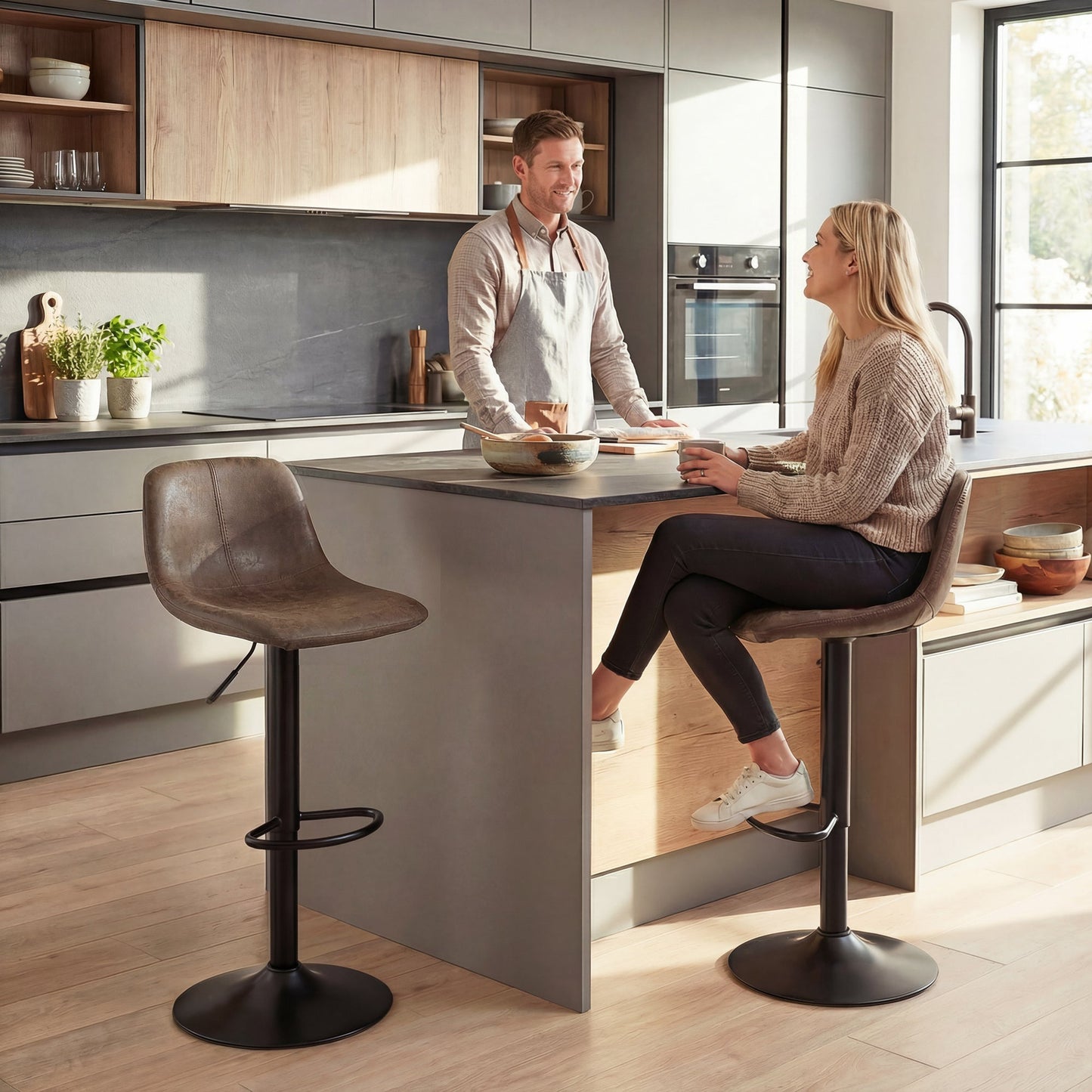 Bar Stools Set of 2, Modern Swivel Barstools, Height Adjustable Breakfast Bar Chairs with Footrest for Kitchen Island and Dining Room, Brown