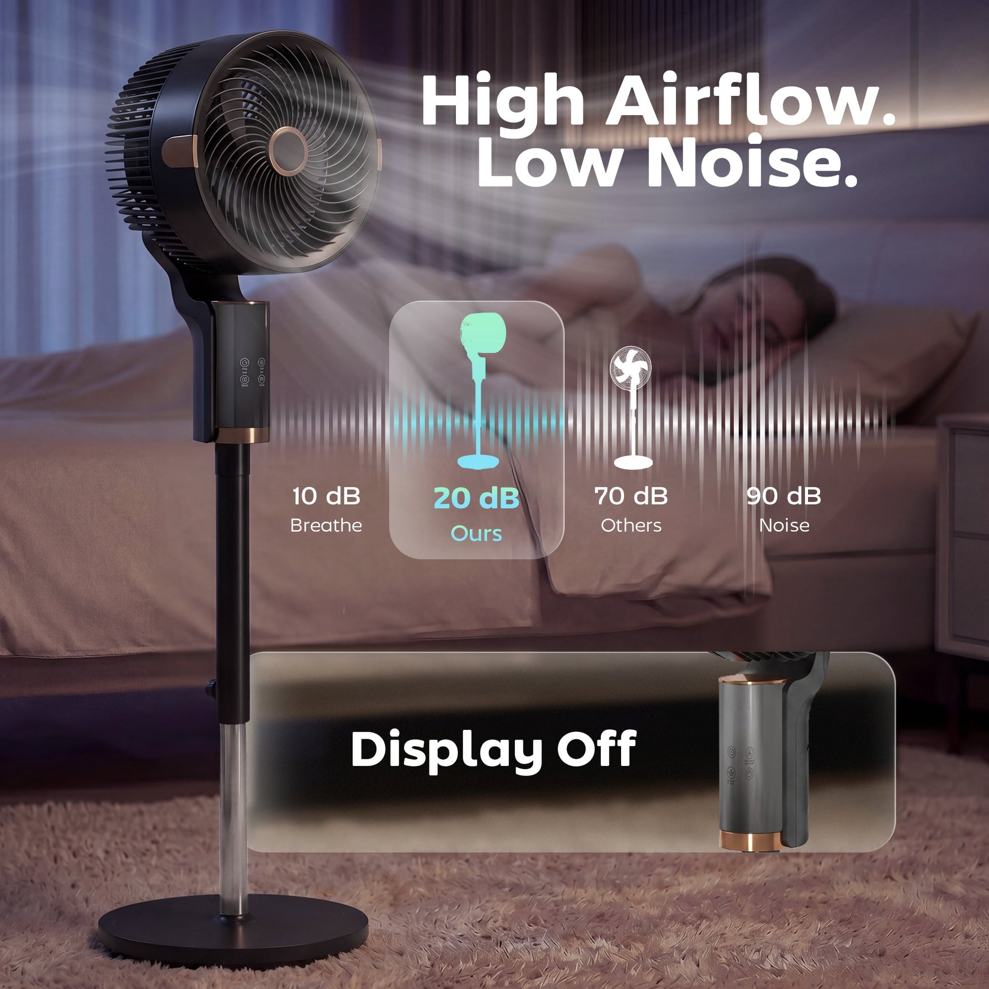 20 dB Silent Standing Fan for Bedroom, 44" Pedestal Fan with 55° Oscillating, 90° Vertical Tilt, 8 Speeds, LED Light, Remote Control, 12H Timer, Adjustable Height, Black