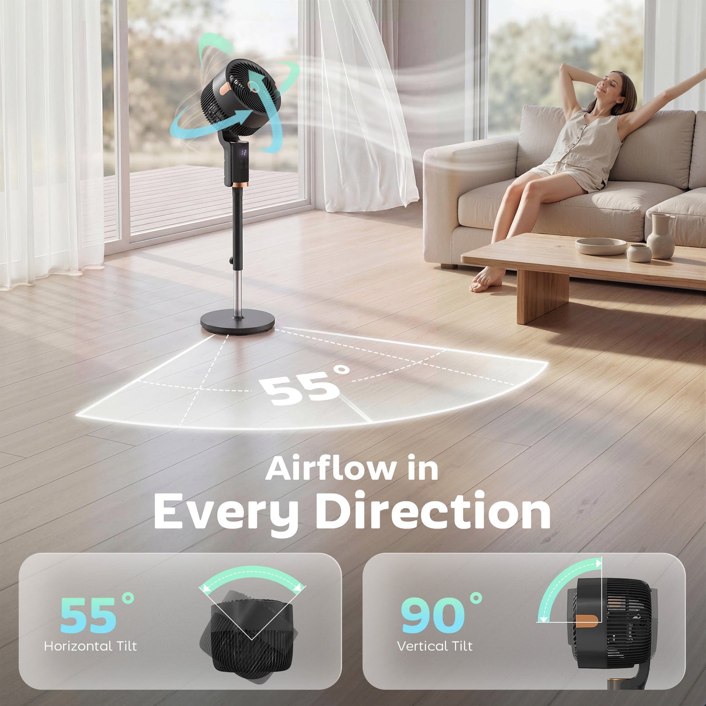 20 dB Silent Standing Fan for Bedroom, 44" Pedestal Fan with 55° Oscillating, 90° Vertical Tilt, 8 Speeds, LED Light, Remote Control, 12H Timer, Adjustable Height, Black