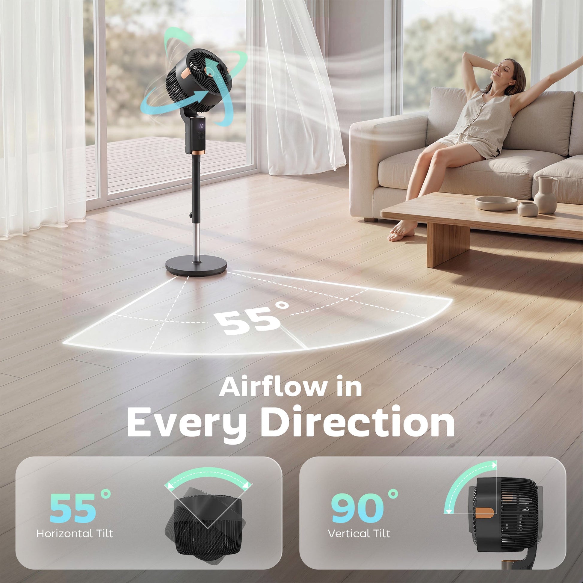 20 dB Silent Standing Fan for Bedroom, 44" Pedestal Fan with 55° Oscillating, 90° Vertical Tilt, 8 Speeds, LED Light, Remote Control, 12H Timer, Adjustable Height, Black