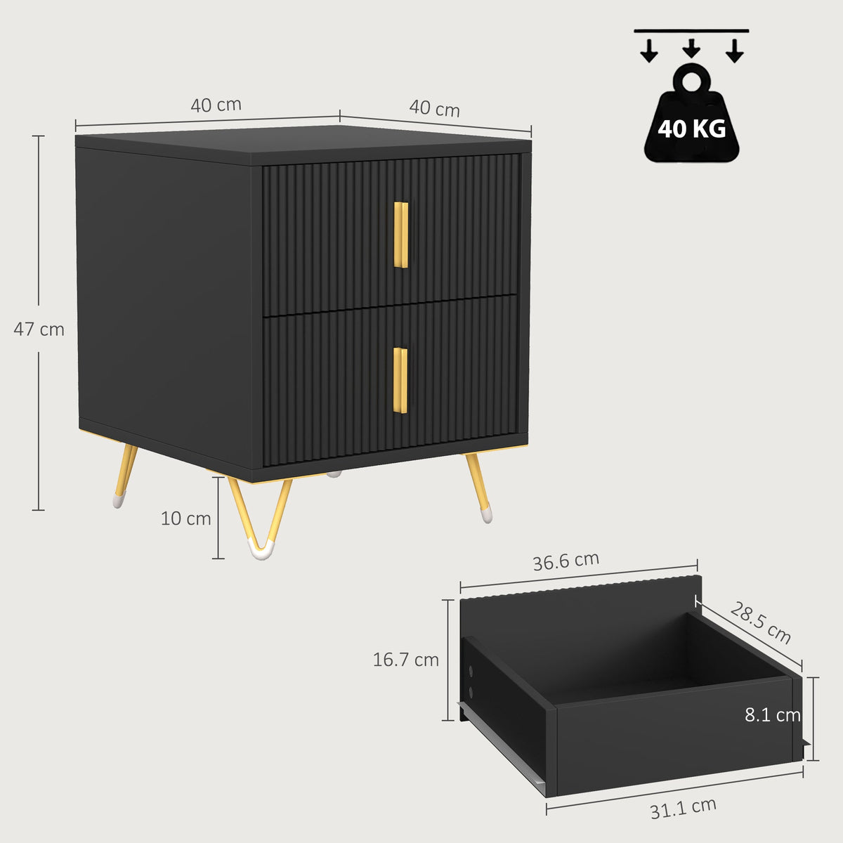 Bedside Table, Small Fluted Bedside Cabinet with 2 Drawers, Modern Nightstand, End Sofa Side Table with Hairpin Legs for Bedroom, Living Room, Black
