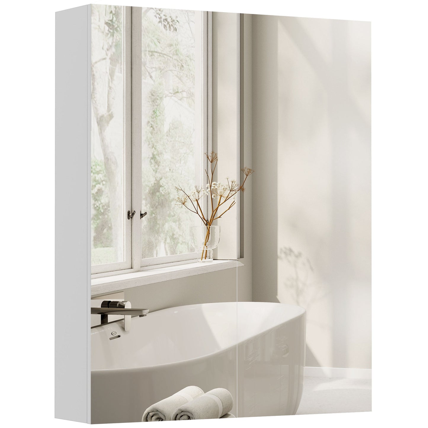Bathroom Mirror Cabinet, 3-Tier Wall Mount Bathroom Storage Cabinet with Soft-Close Hinges and Adjustable Shelf, Double Door Cupboard, 60W x 15D x 75H cm, White