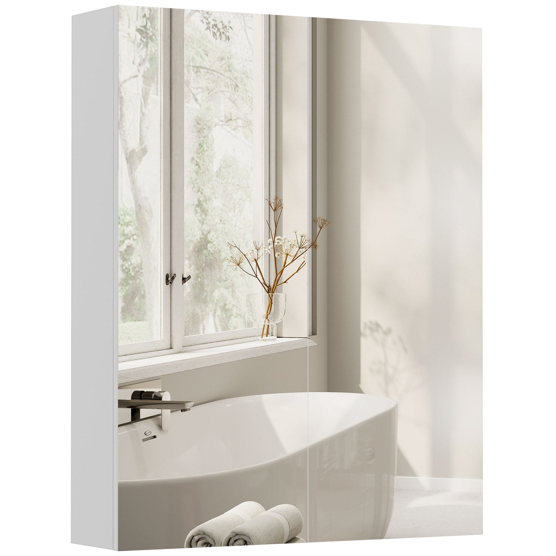 Bathroom Mirror Cabinet, 3-Tier Wall Mount Bathroom Storage Cabinet with Soft-Close Hinges and Adjustable Shelf, Double Door Cupboard, 60W x 15D x 75H cm, White