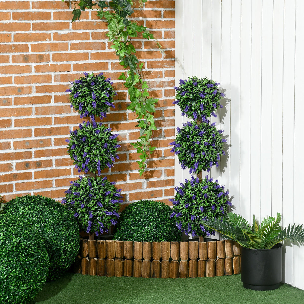 HOMCOM Set of 2 Decorative Artificial Plants Ball Trees with Lavender Flowers in Pot Fake Plants for Home Indoor Outdoor Decor, 110cm