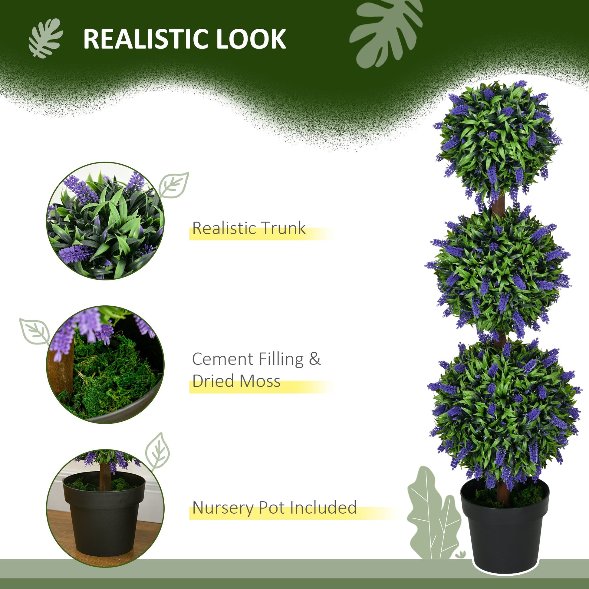 HOMCOM Set of 2 Decorative Artificial Plants Ball Trees with Lavender Flowers in Pot Fake Plants for Home Indoor Outdoor Decor, 110cm