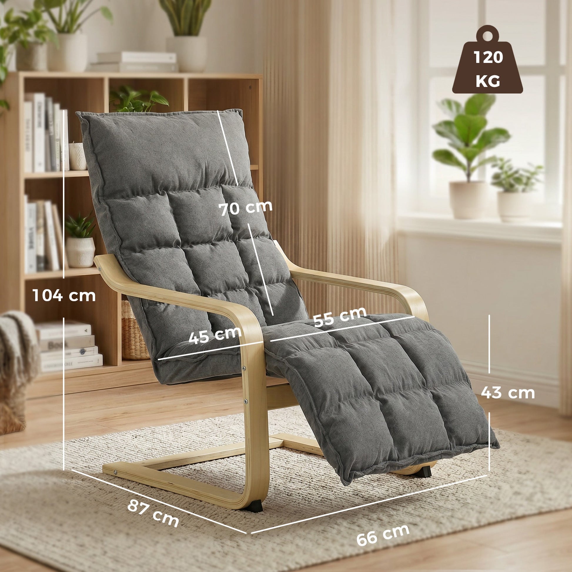 Accent Chair, Linen-Look Fabric Armchair with Footrest, Plush Cushion, High Back, Wide Seat, Curved Legs and Arms, Gentle Motion, Leisure Lounge Chair for Living Room, Bedroom, Grey