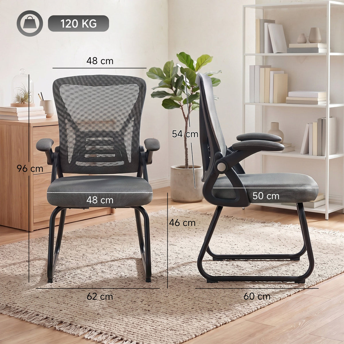 Desk Chair No Wheels with Flip-up Armrests, Mesh Office Chair with Steel Legs for Home Conference Room, Bedroom, Waiting, Reception, Dark Grey