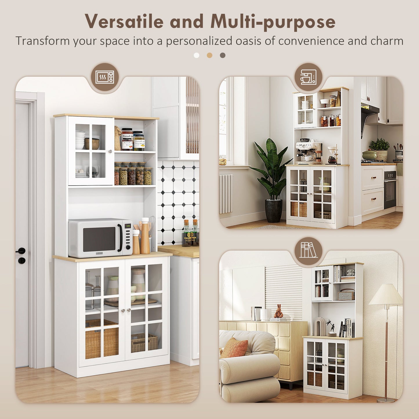 Freestanding Kitchen Cupboard, Storage Cabinet with Doors and Adjustable Shelves, Counter Top, Grid Glass Doors, 80L x 37W x 183H cm - White