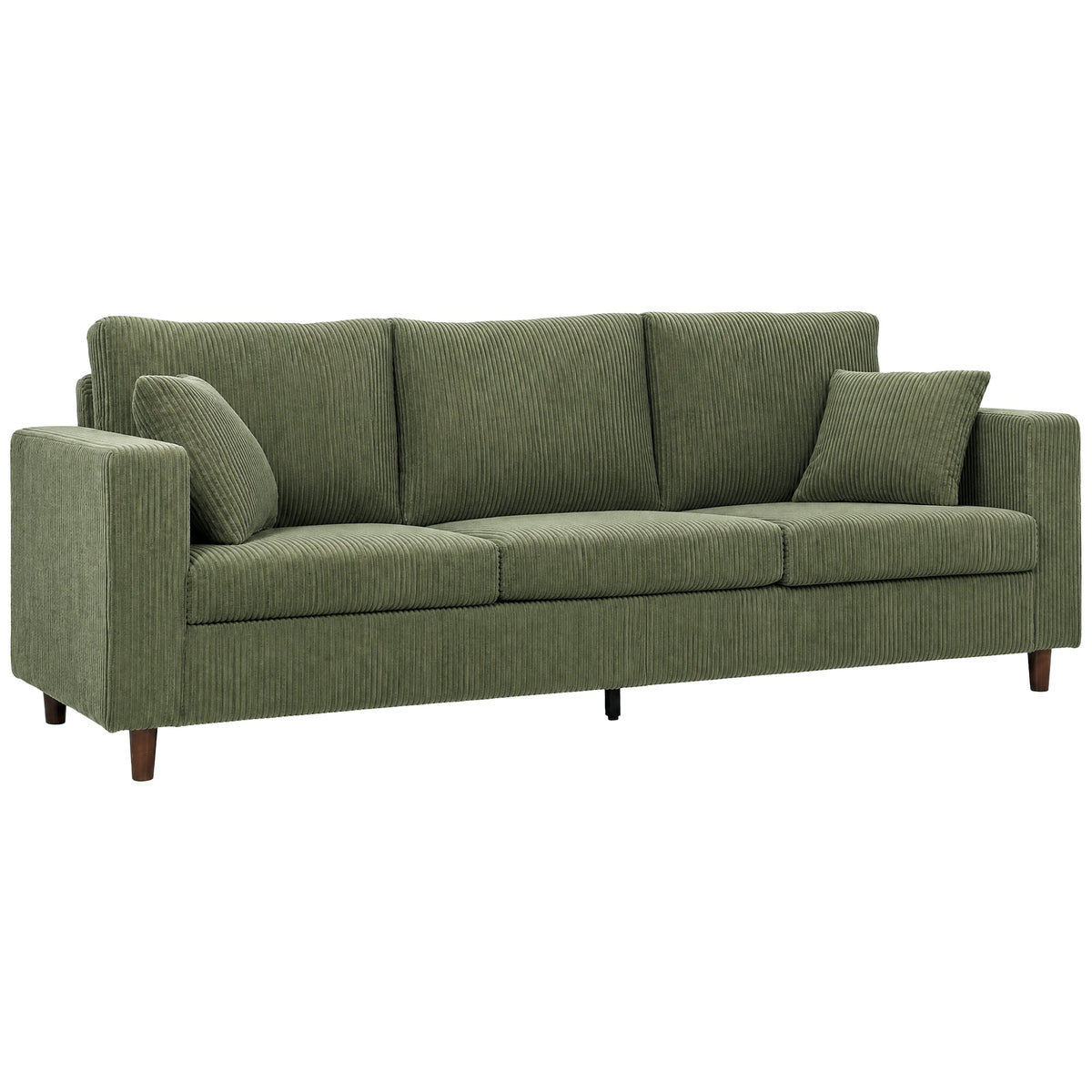 3 Seater Sofa, 225 cm Comfy Corduroy Couch with Wide Deep Seat, Wide Armrests, Spring Cushion, Thick Padded, Solid Wood Legs, Fabric Sofa for Living Room, Green