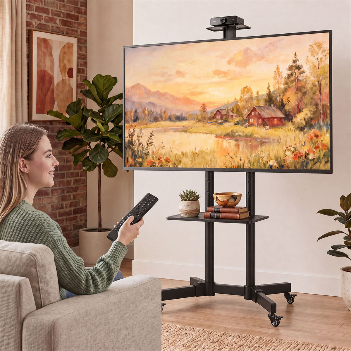 Mobile TV Stand on Wheels for 32-75 Inch Screens, Mobile TV Cart with Tilt, Height Adjustable, Locking Wheels, Camera Shelf & Media Shelf, Max VESA 400 x 600 mm, Black