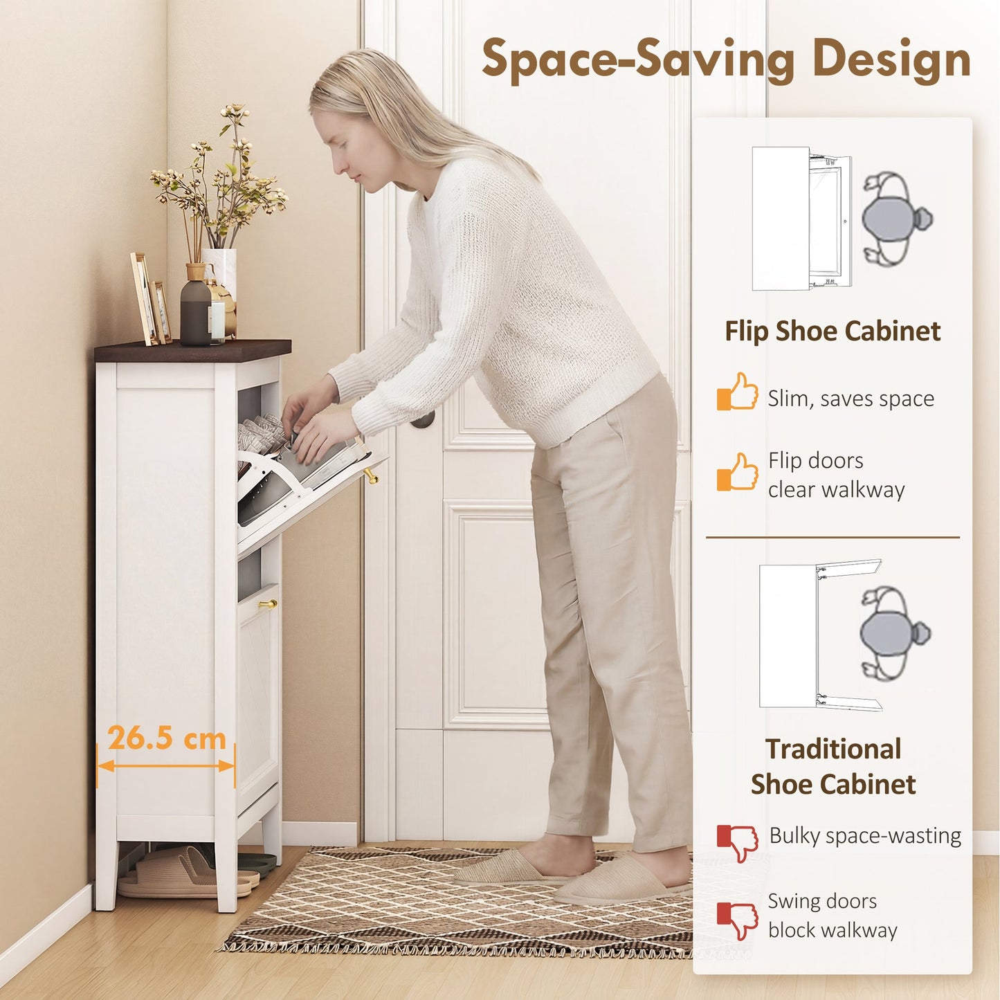 Shoe Cabinet with 2 Flip Drawers, Farmhouse Narrow Shoe Storage Cabinet with Adjustable Shelves, Freestanding for Entryway, Hallway, Living Room, Holds 8-12 Pairs, White
