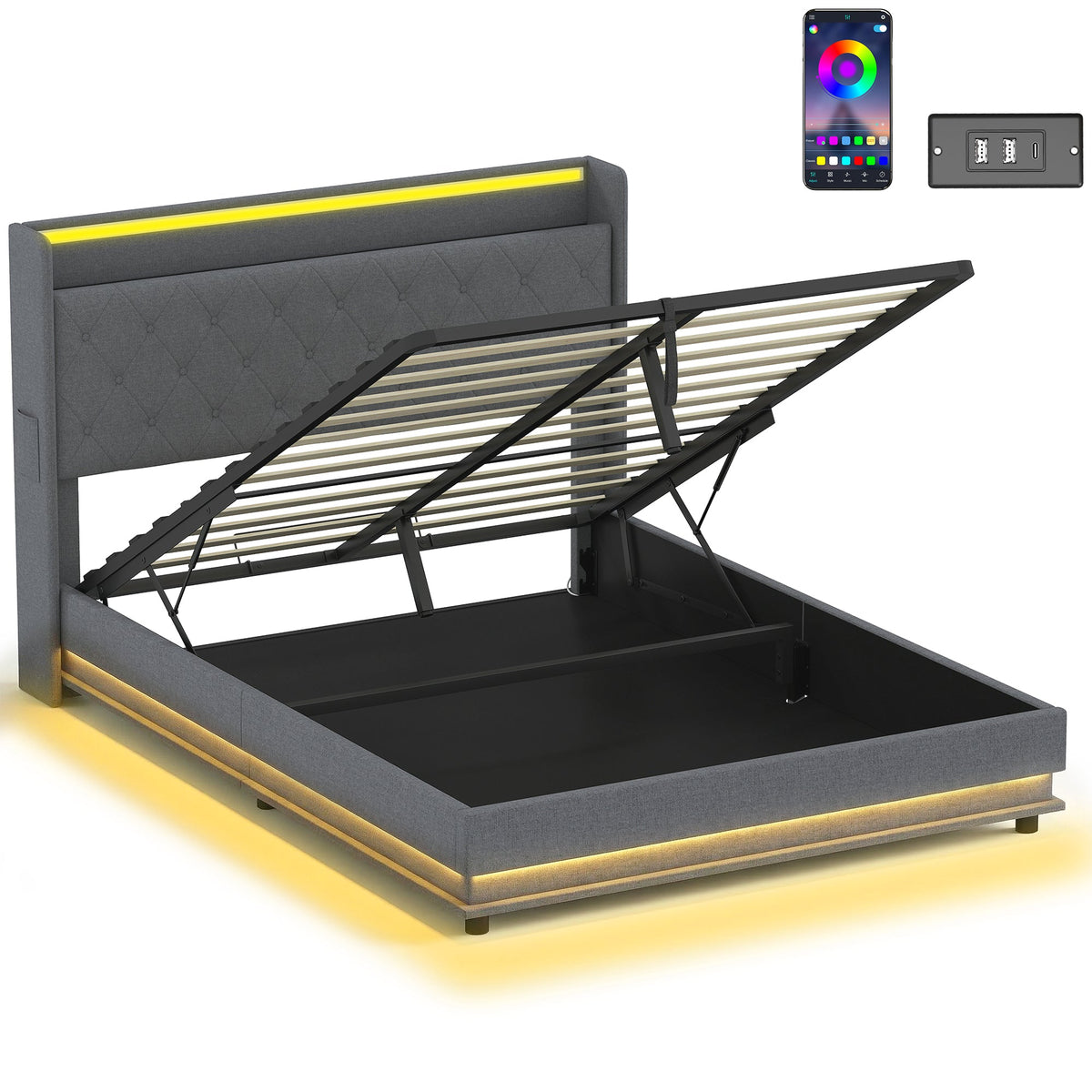 5ft King Ottoman Bed Frame with Hydraulic Storage, APP Control LED Lights and Charging Station, Upholstered Lift Up Storage Bed Frame with Headboard, No Box Spring Needed, Dark Grey