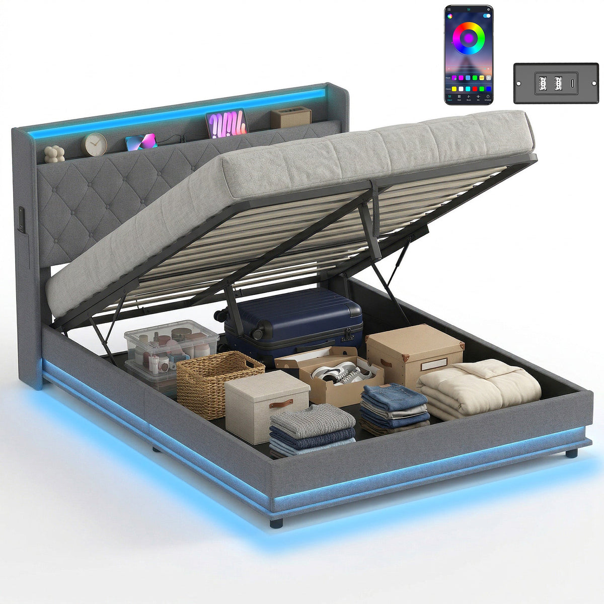 5ft King Ottoman Bed Frame with Hydraulic Storage, APP Control LED Lights and Charging Station, Upholstered Lift Up Storage Bed Frame with Headboard, No Box Spring Needed, Dark Grey