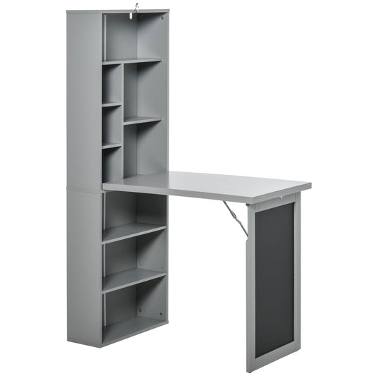HOMCOM Wall Mounted Computer Desk, Folding Study Table with Black Board and Bookshelf, Multifunctional Floating Writing Desk for Home Office, Grey