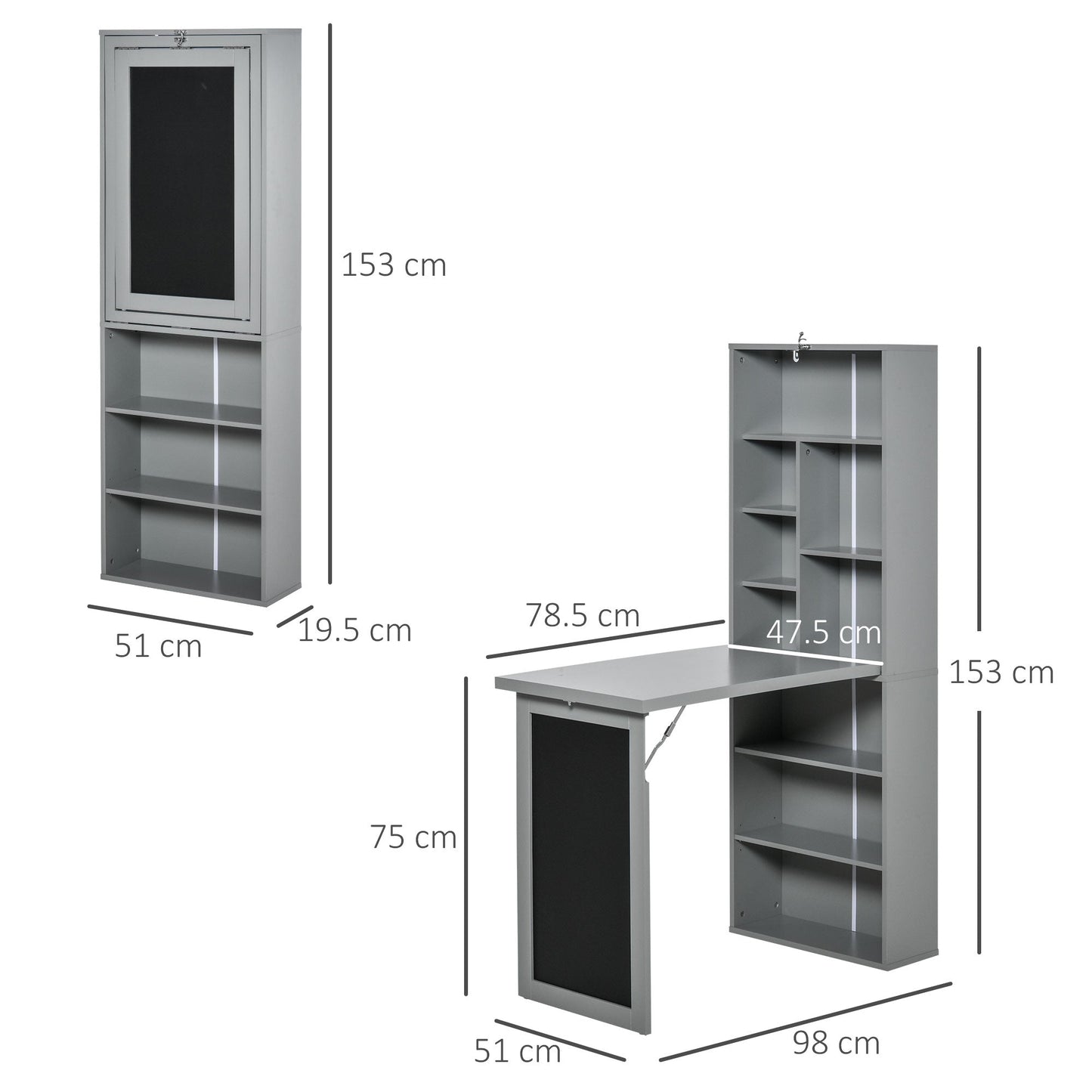 HOMCOM Wall Mounted Computer Desk, Folding Study Table with Black Board and Bookshelf, Multifunctional Floating Writing Desk for Home Office, Grey