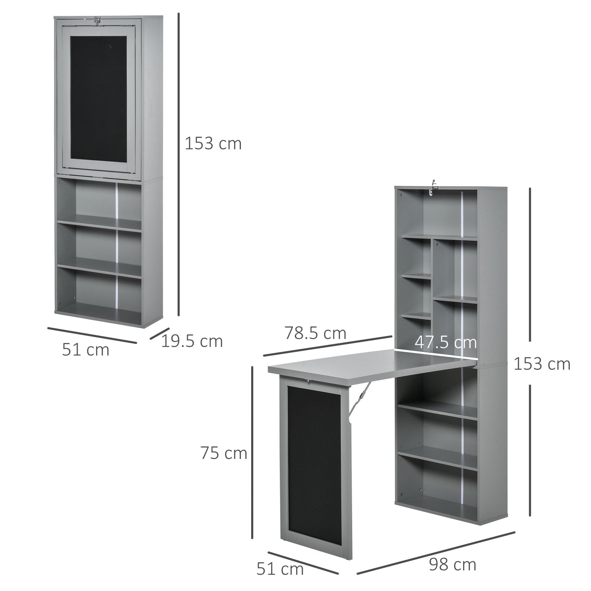 HOMCOM Wall Mounted Computer Desk, Folding Study Table with Black Board and Bookshelf, Multifunctional Floating Writing Desk for Home Office, Grey