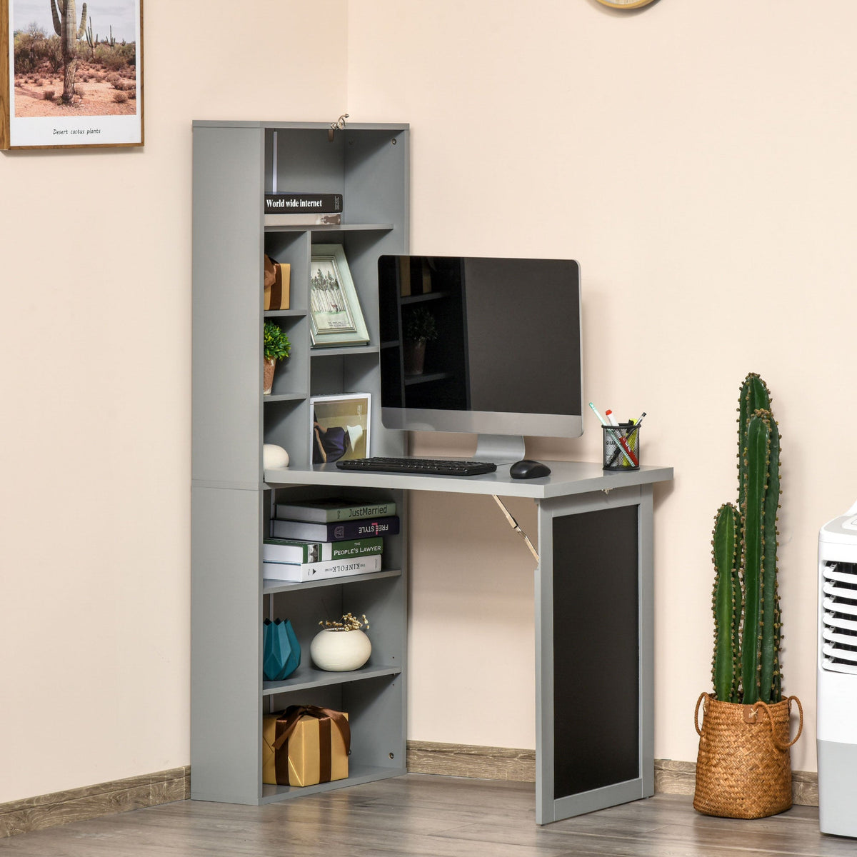 HOMCOM Wall Mounted Computer Desk, Folding Study Table with Black Board and Bookshelf, Multifunctional Floating Writing Desk for Home Office, Grey