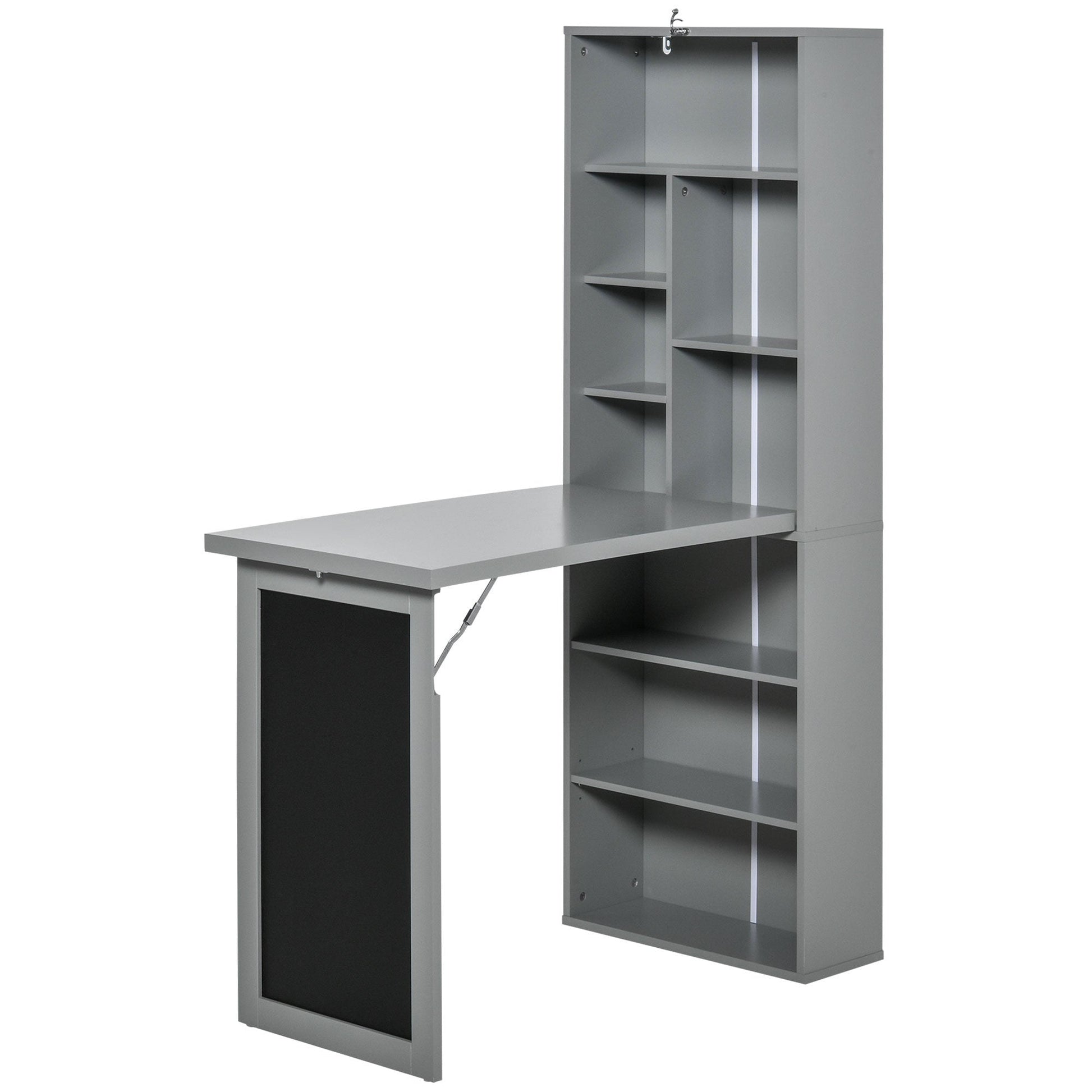 HOMCOM Wall Mounted Computer Desk, Folding Study Table with Black Board and Bookshelf, Multifunctional Floating Writing Desk for Home Office, Grey
