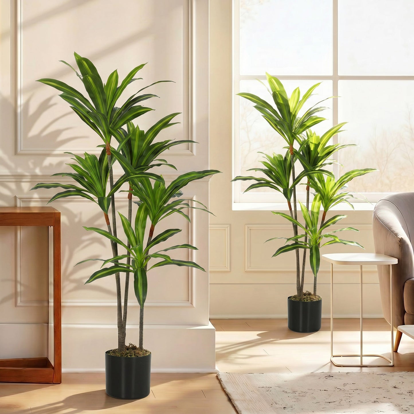 Set of 2 150cm Artificial Dracaena Trees, Decorative Artificial Plants with Bendable Trunks and White Planters for Living Room Bedroom Home Office Decor, Green