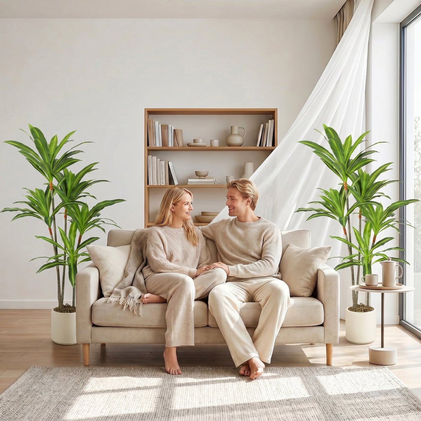 Set of 2 150cm Artificial Dracaena Trees, Decorative Artificial Plants with Bendable Trunks and White Planters for Living Room Bedroom Home Office Decor, Green