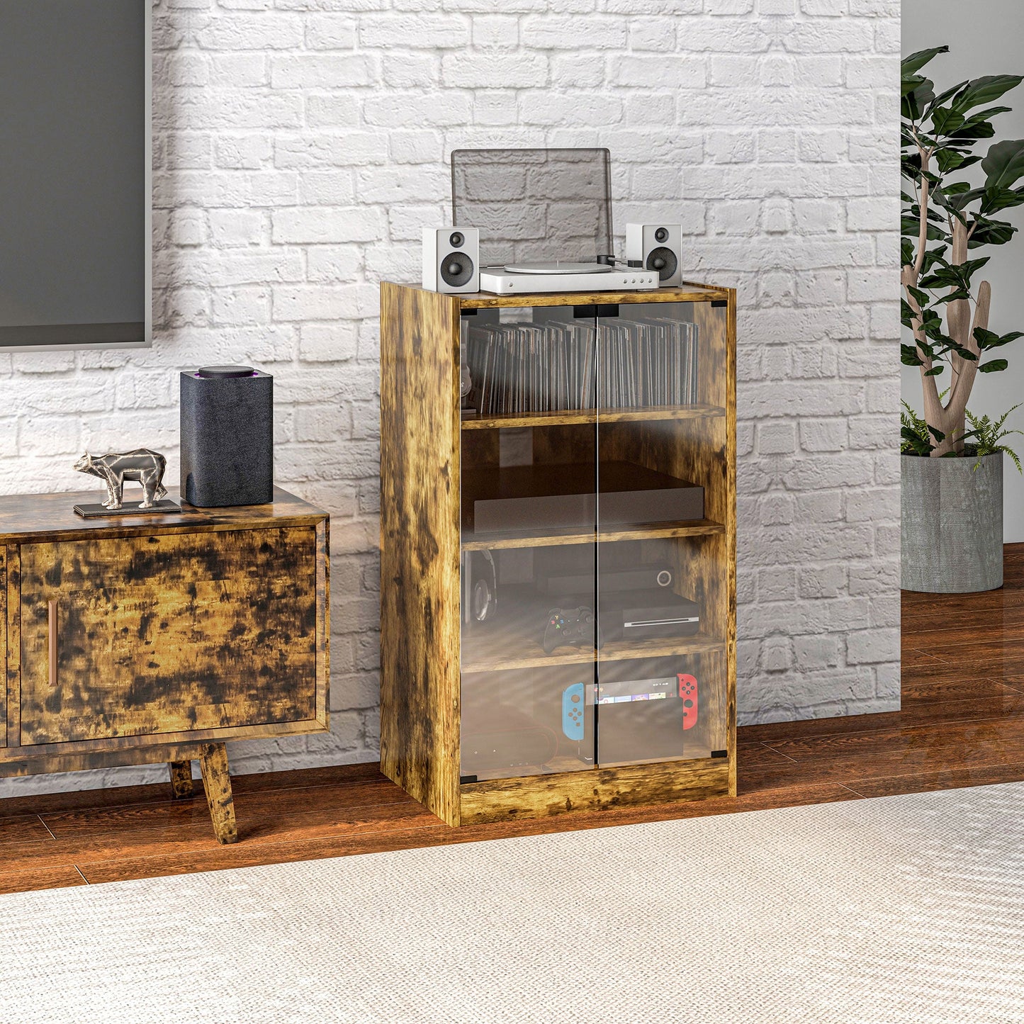 Record Player Stand with Storage, 4-Tier Hi-Fi Stand, Media Cabinet with Adjustable Shelves, Push-to-Open Glass Doors and Cable Management for Music Room and Living Room, Rustic Brown