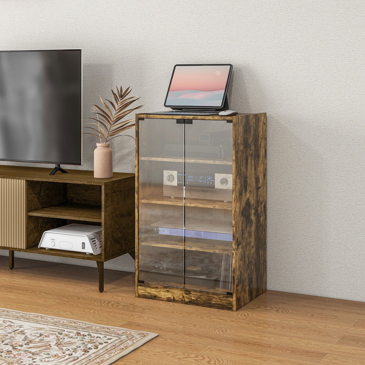 Record Player Stand with Storage, 4-Tier Hi-Fi Stand, Media Cabinet with Adjustable Shelves, Push-to-Open Glass Doors and Cable Management for Music Room and Living Room, Rustic Brown