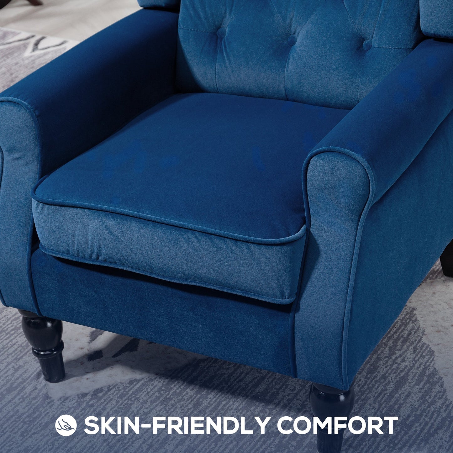 Retro Accent Chair, Velvet Wingback Armchair with Wood Frame Button Tufted Design for Living Room Bedroom, Blue