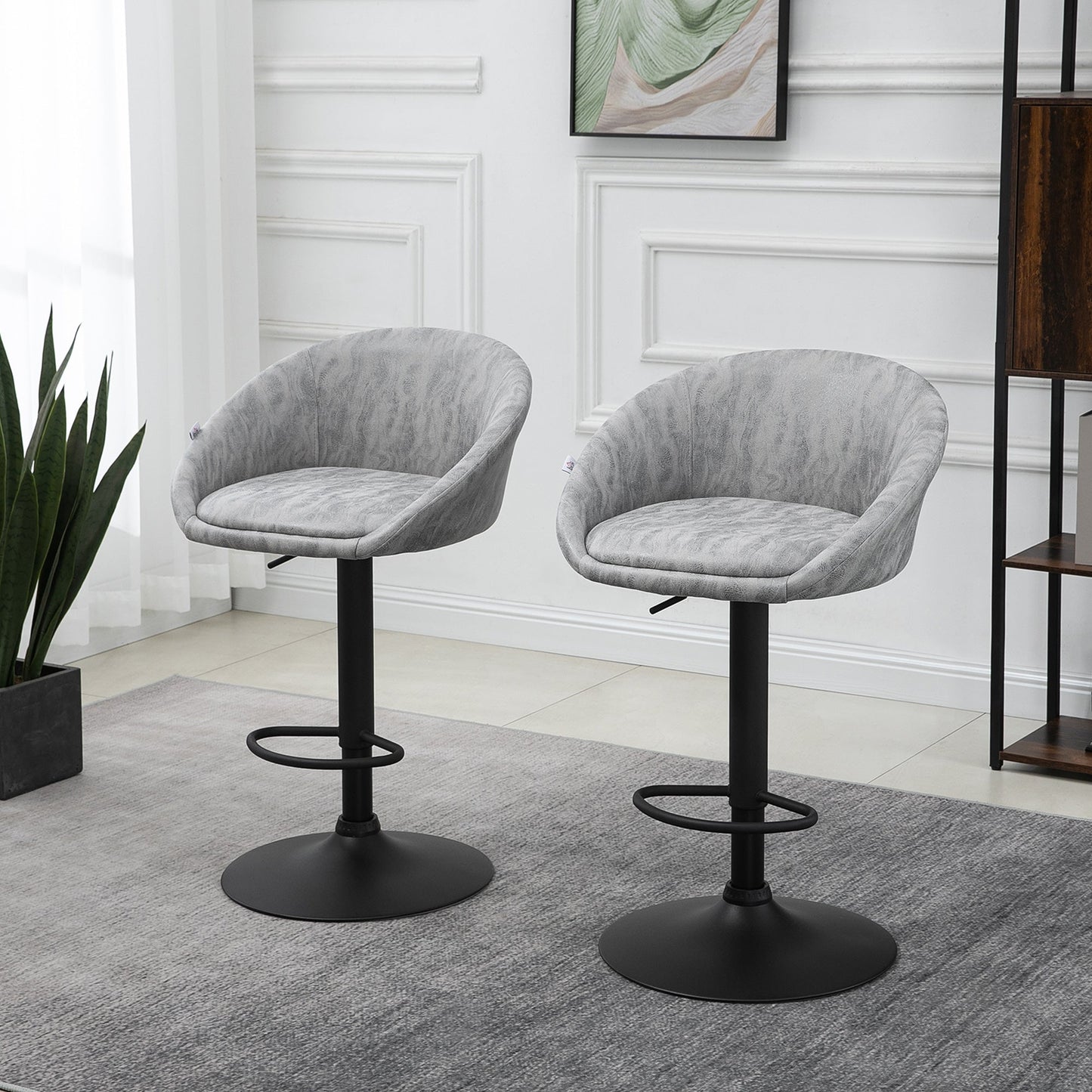 HOMCOM Modern Bar Stools Set of 2, Height Adjustable Swivel Barstools, PU Leather Upholstered Bar Chair with Backrest, Armrests and Footrest for Breakfast Bar, Counter, Kitchen, Light Grey