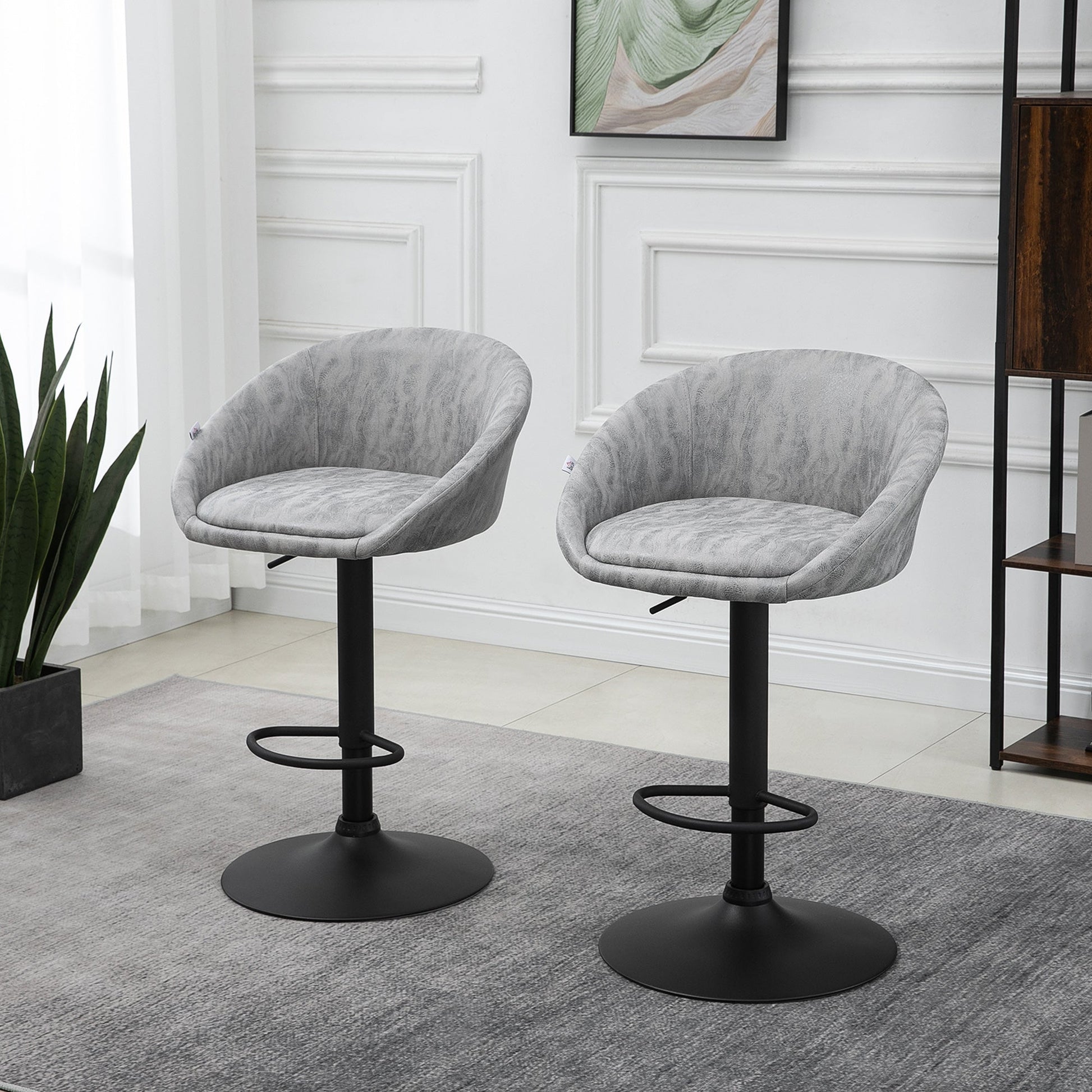 HOMCOM Modern Bar Stools Set of 2, Height Adjustable Swivel Barstools, PU Leather Upholstered Bar Chair with Backrest, Armrests and Footrest for Breakfast Bar, Counter, Kitchen, Light Grey