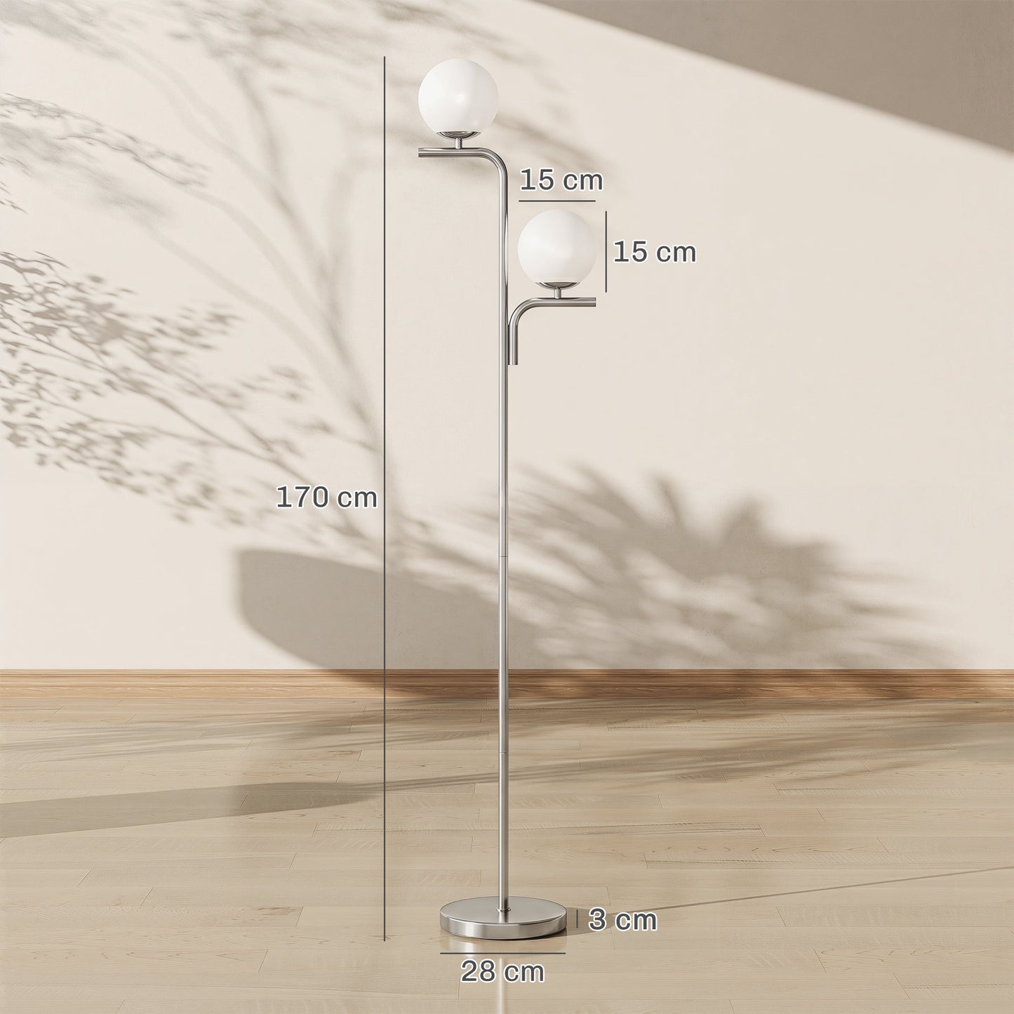 LED Floor Lamp, Modern Standing Lamp with 3 Colour Temperatures, Globe Glass Shades and Foot Switch, for Living Room Bedroom Home Office, Silver Tone
