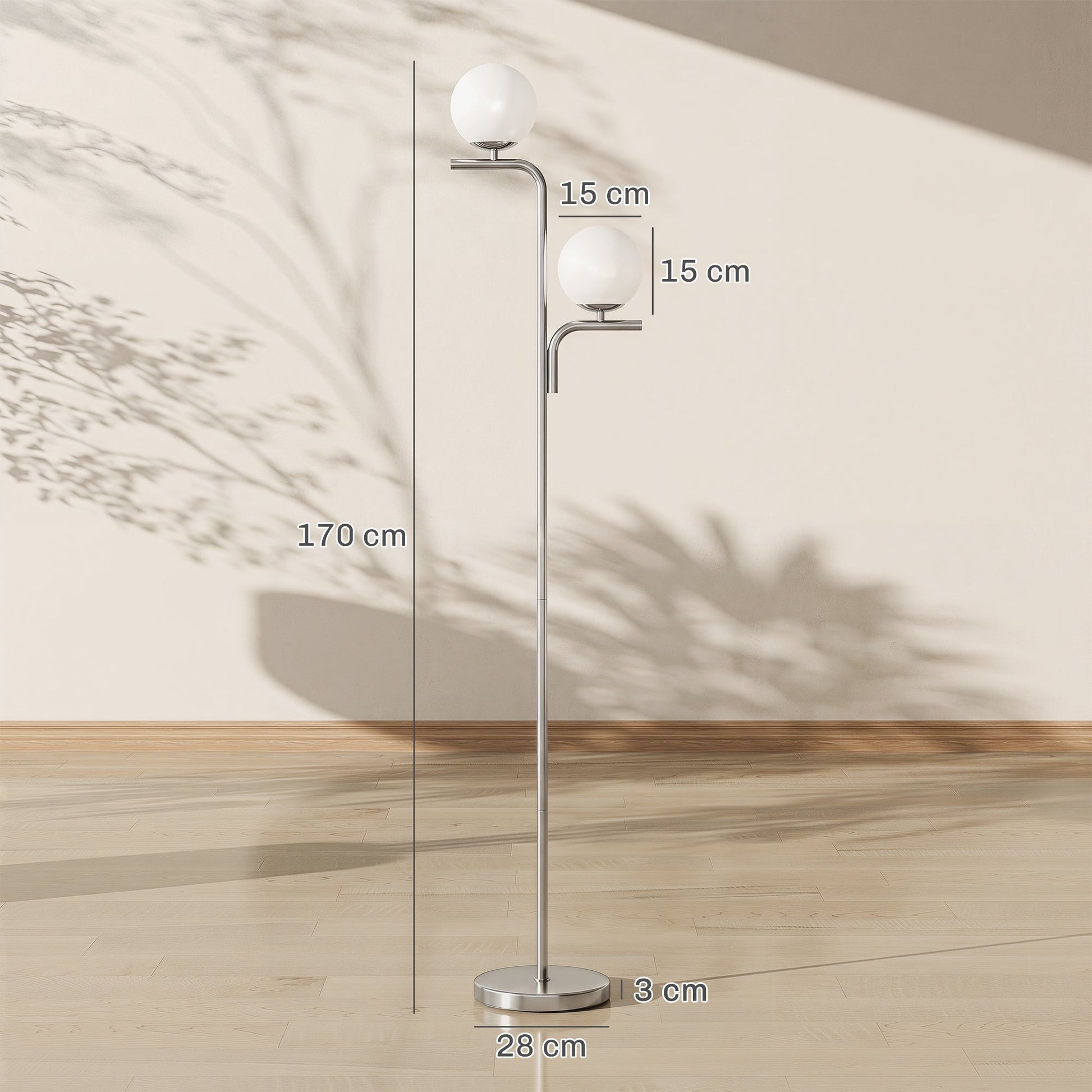 LED Floor Lamp, Modern Standing Lamp with 3 Colour Temperatures, Globe Glass Shades and Foot Switch, for Living Room Bedroom Home Office, Silver Tone
