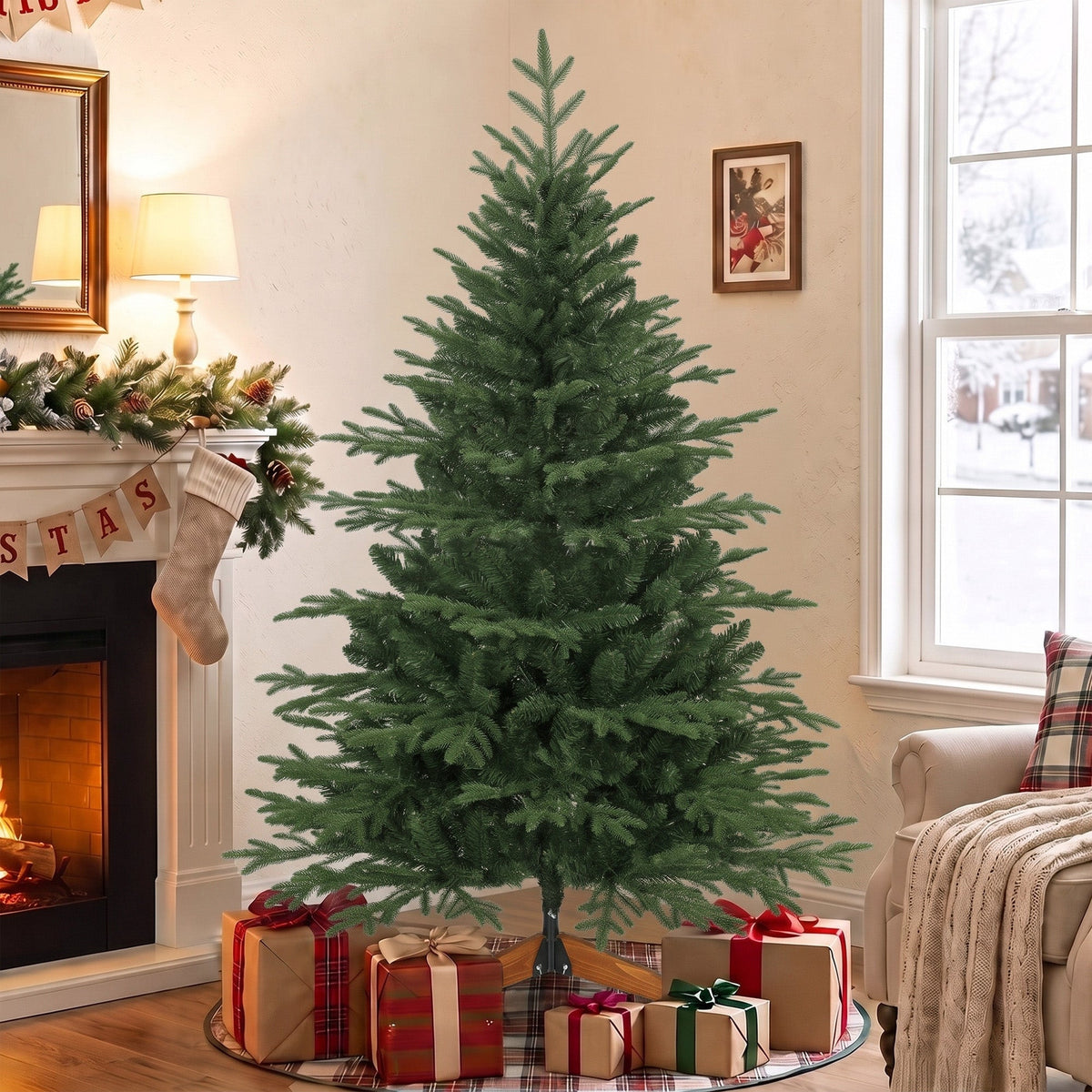 5ft Artificial Christmas Tree, Full Hinged Xmas Tree with 1524 PE & PVC Tips, Solid Pine Wood Stand for Home Office Holiday Decoration, Green