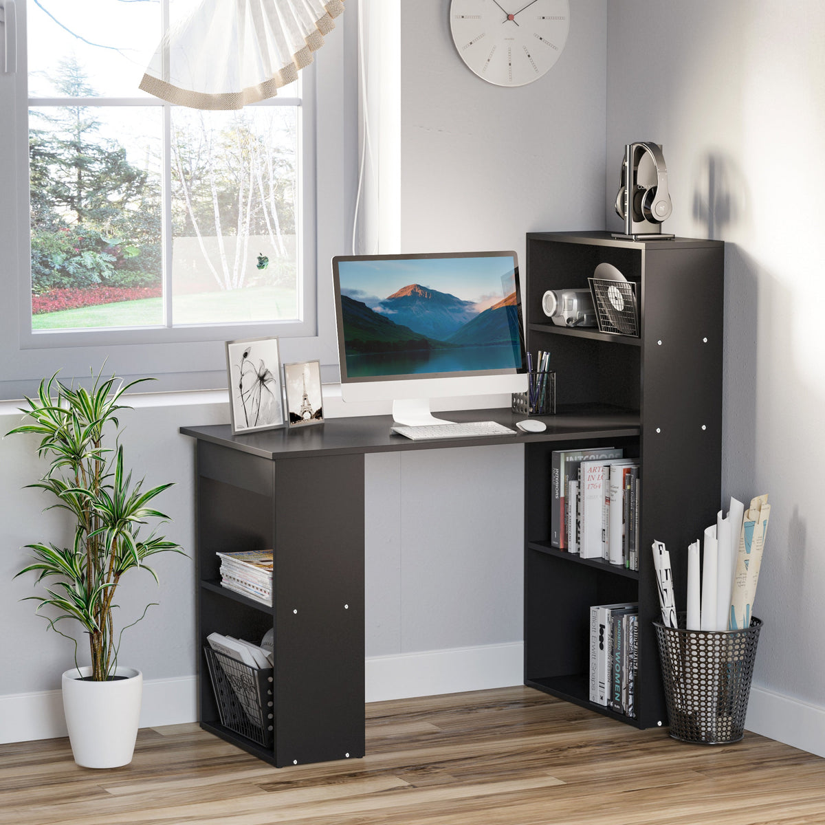 HOMCOM 120cm Modern Computer Desk Bookshelf Study Table Workstation PC Laptop Writing Home Office 6 Shelves Black