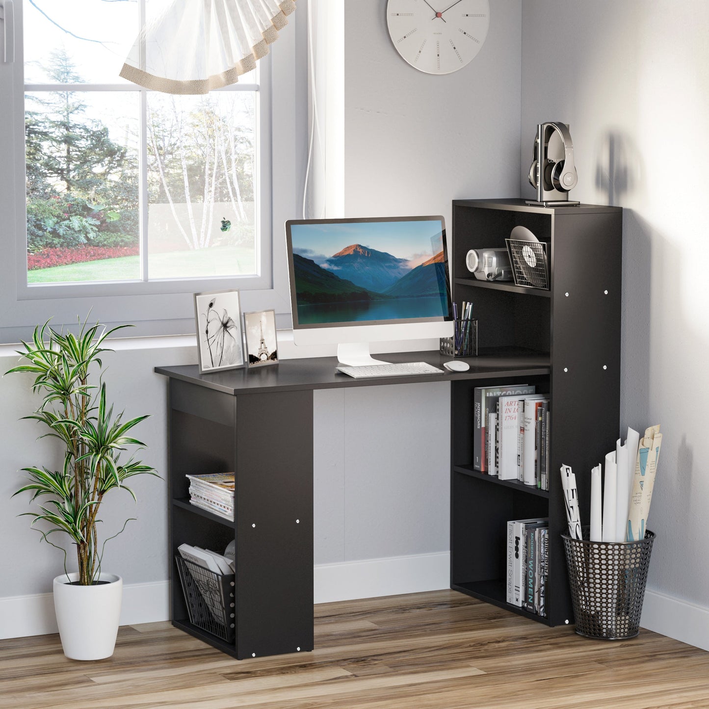 HOMCOM 120cm Modern Computer Desk Bookshelf Study Table Workstation PC Laptop Writing Home Office 6 Shelves Black