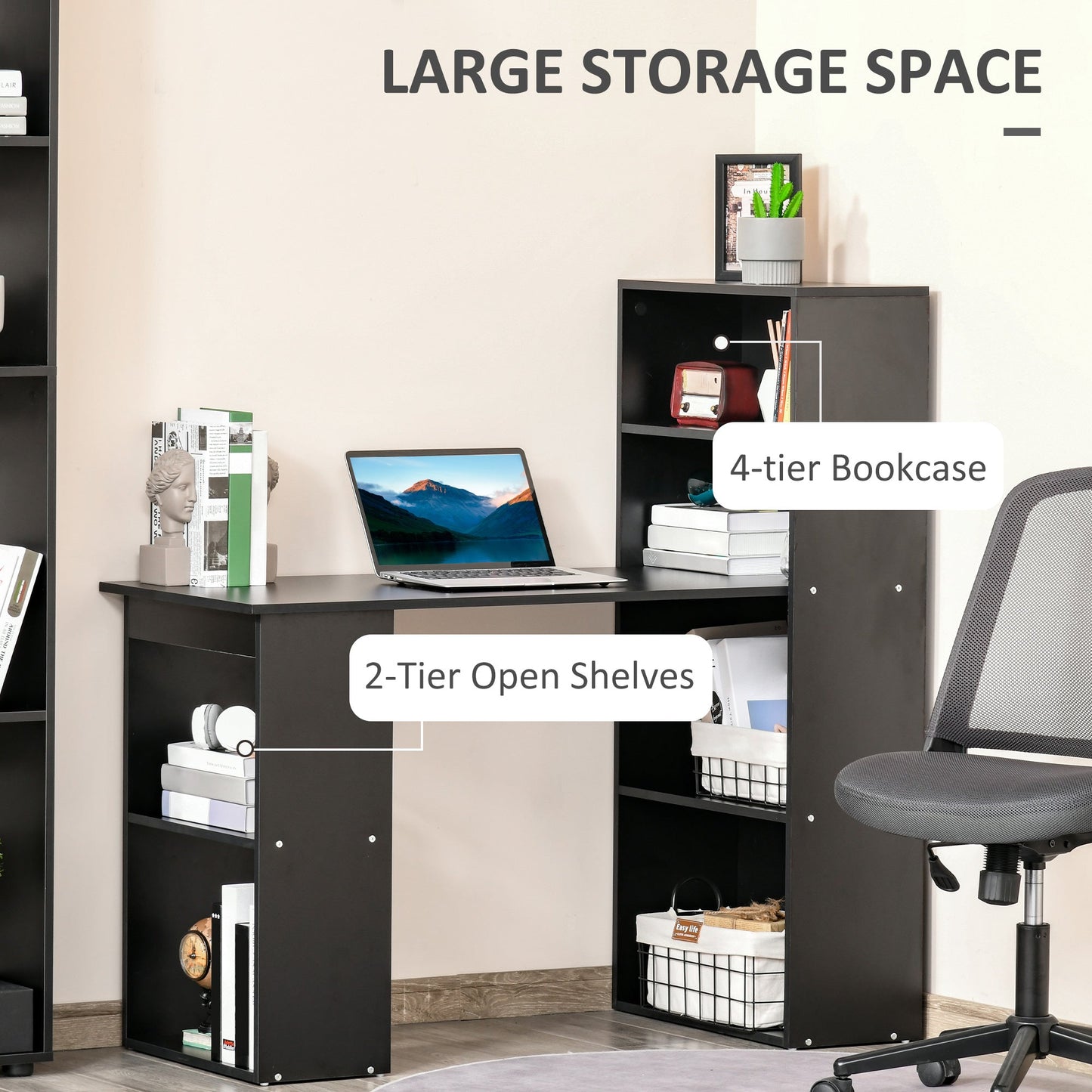 HOMCOM 120cm Modern Computer Desk Bookshelf Study Table Workstation PC Laptop Writing Home Office 6 Shelves Black