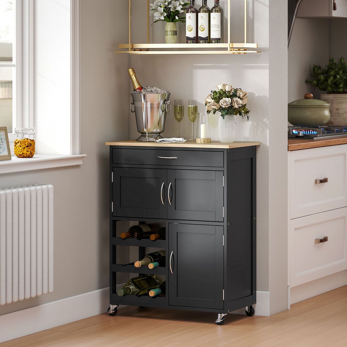Modern Kitchen Trolley, Rolling Island Storage Cart with Drawer, 9-bottle Wine Rack, Door Cabinets, Wooden Countertop, Black