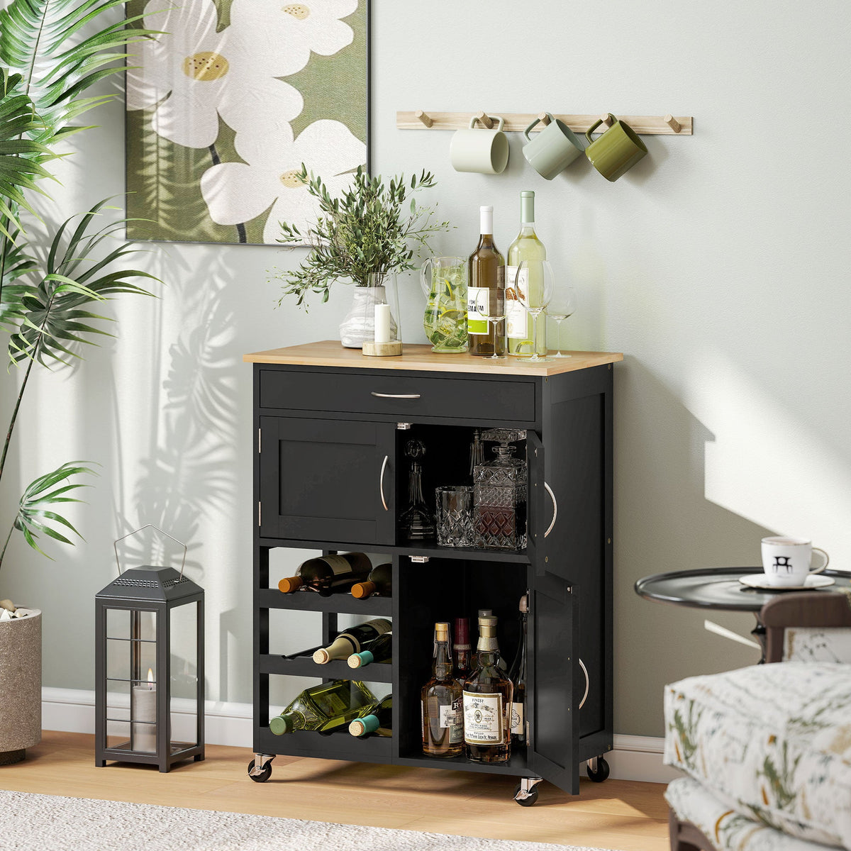 Modern Kitchen Trolley, Rolling Island Storage Cart with Drawer, 9-bottle Wine Rack, Door Cabinets, Wooden Countertop, Black