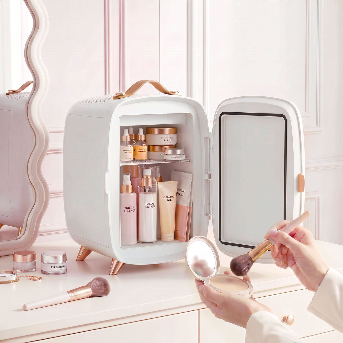 6L Mini Cosmetic Fridge with LED Mirror, Cooling Function, Skincare Refrigerator for Bedroom, Skincare, Office, White