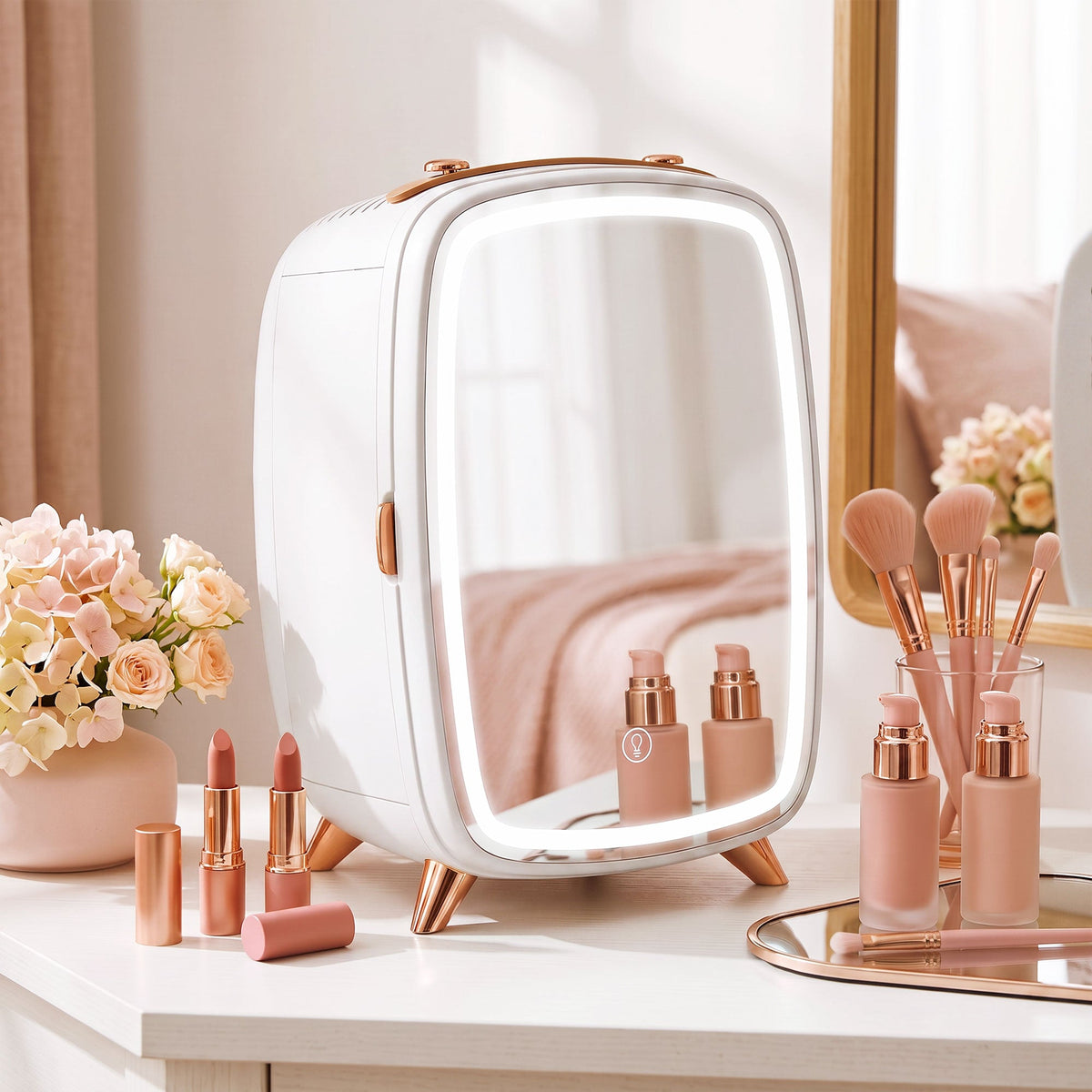 6L Mini Cosmetic Fridge with LED Mirror, Cooling Function, Skincare Refrigerator for Bedroom, Skincare, Office, White
