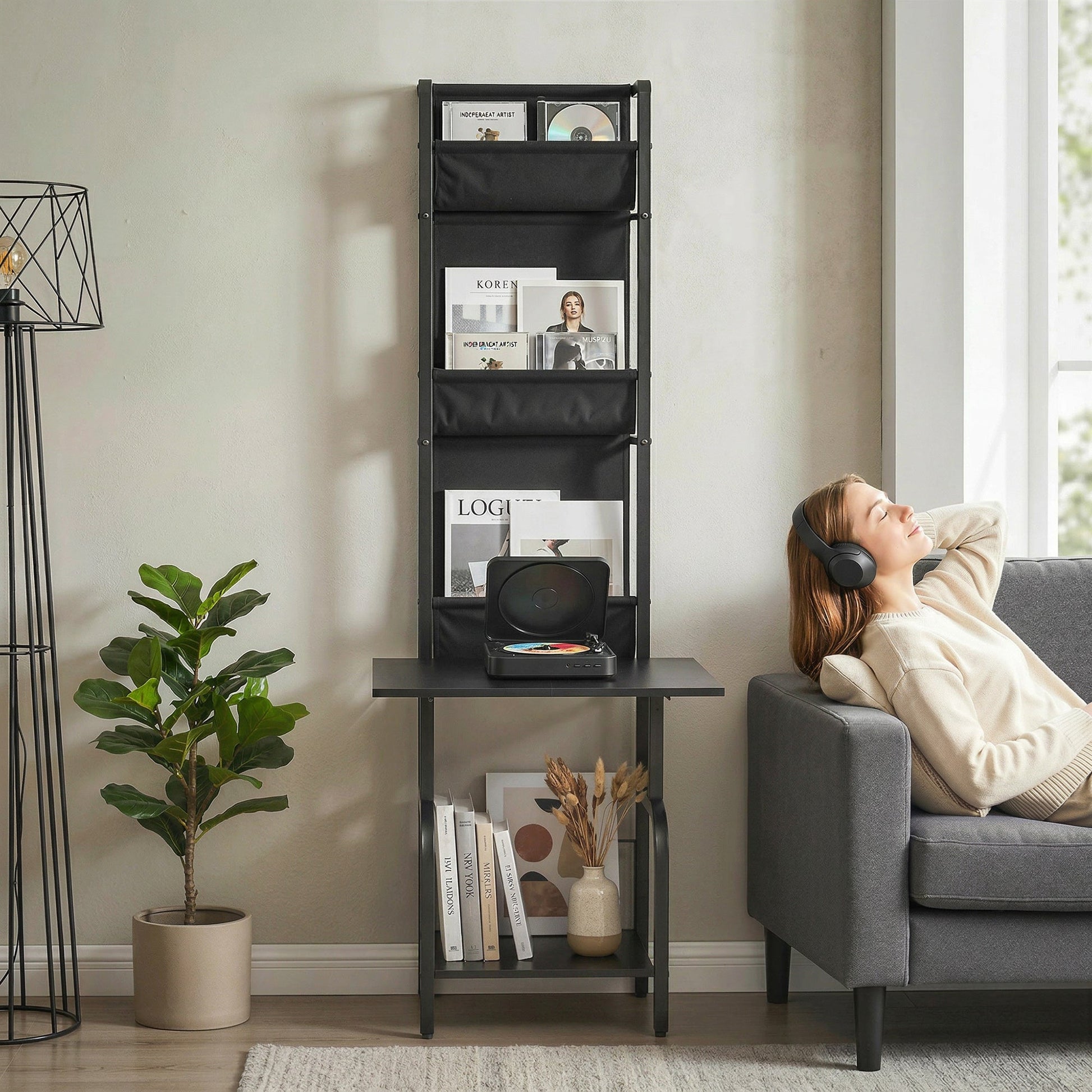 Vinyl Record Storage with Player Stand, Turntable Stand and Display Shelf, CD Storage Unit for Up to 40 CDs, Record Player Table for Living Room or Bedroom, Black