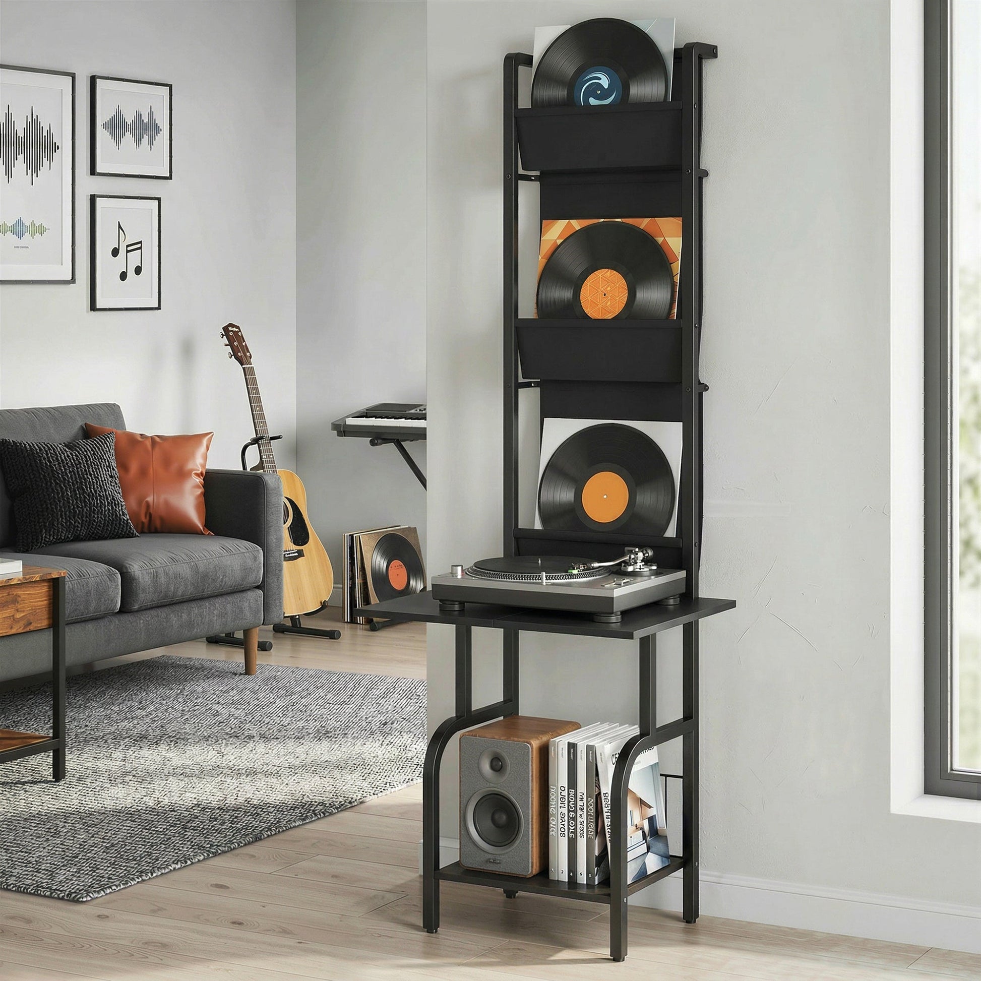 Vinyl Record Storage with Player Stand, Turntable Stand and Display Shelf, CD Storage Unit for Up to 40 CDs, Record Player Table for Living Room or Bedroom, Black